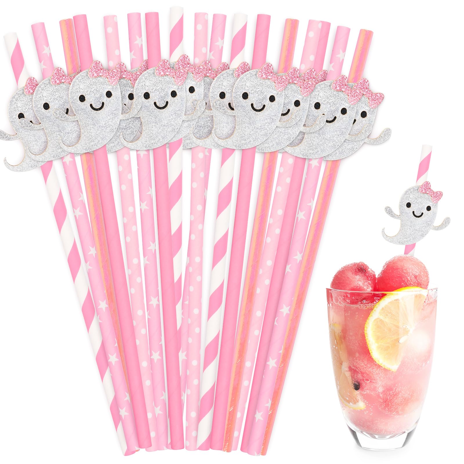 JarThenaAMCS 40Pcs Pink Halloween Paper Straws Cute Glitter Ghost Disposable Drinking Straws Spooky Decorative Straws for Party Supplies