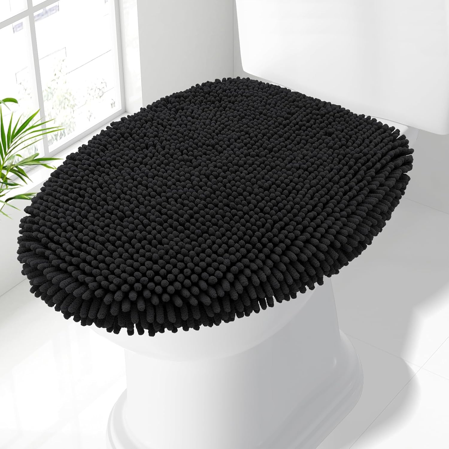 Smiry Soft Chenille Toilet Lid Cover - Machine Washable 17.5x15 Inch, Fits Round Elongated Lids, Plush Black Bathroom Decor