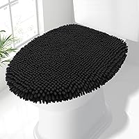 Smiry Soft Chenille Toilet Lid Cover - Machine Washable 17.5x15 Inch, Fits Round Elongated Lids, Plush Black Bathroom Decor
