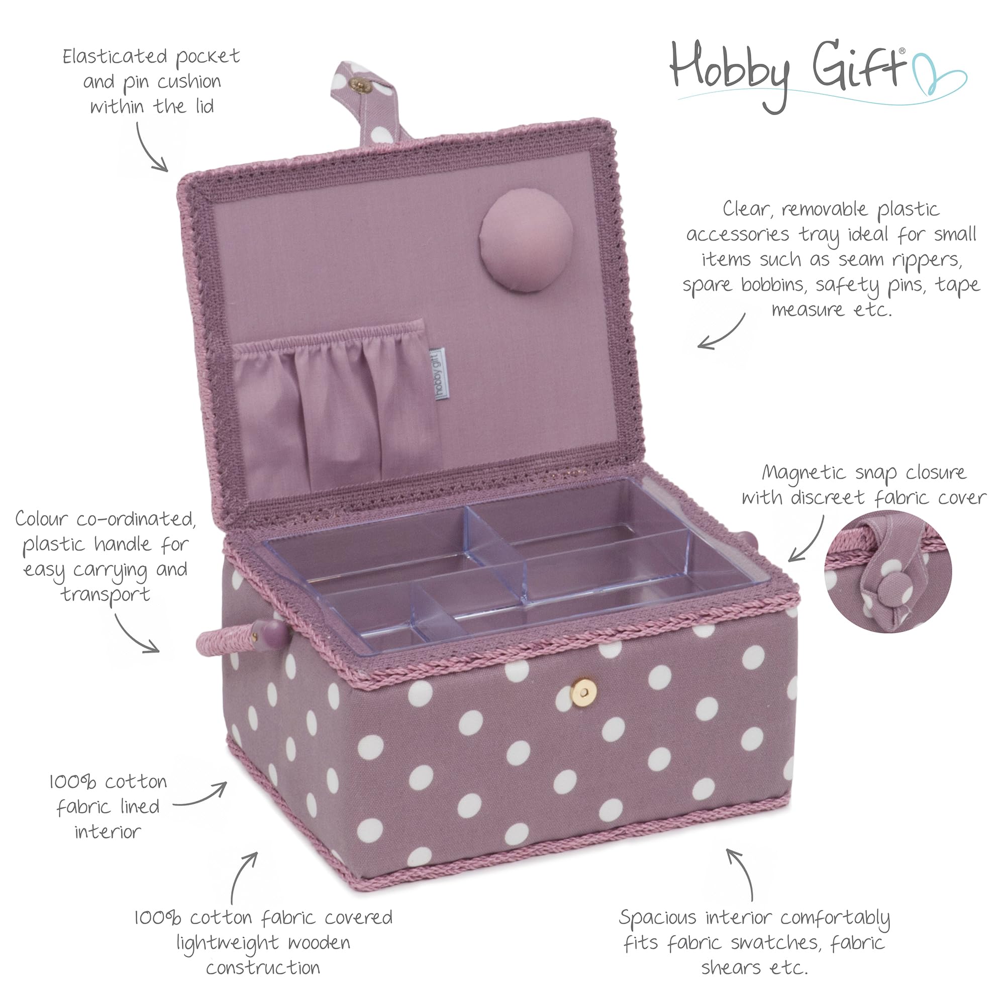 Hobby Gift Exclusiva caja de almacenamiento precargada para manualidades con kit de costura de 94 piezas incluido, punto malva, mediano, MRM121F