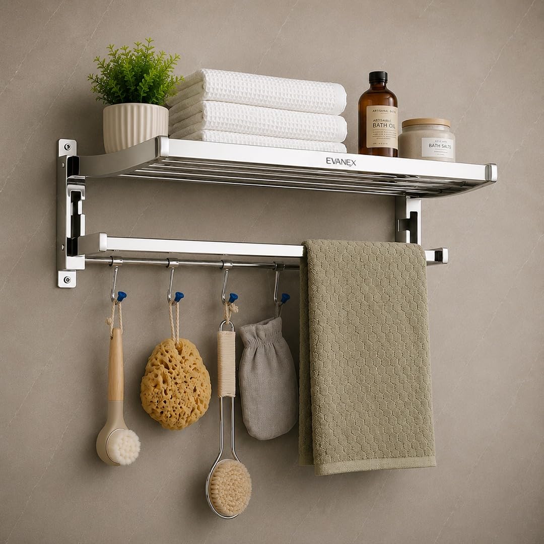 EVANEX Towel Rack for Bathroom 304 Stainless Steel Towel Holder 24 Inch Folding Towel Rack with Shelf Wall Mounted Chrome Finish Bathroom Organizer, Bathroom Accessories Set-image-16