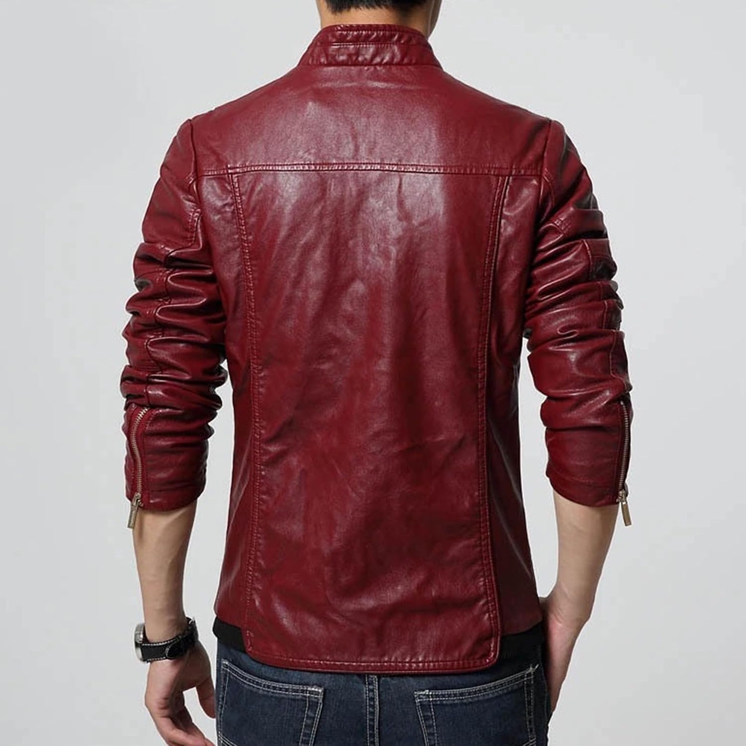 Men's Casual Lightweight Zip Up Biker Coat Stand Collar Faux Leather Jacket Mens Faux Leather Jacket