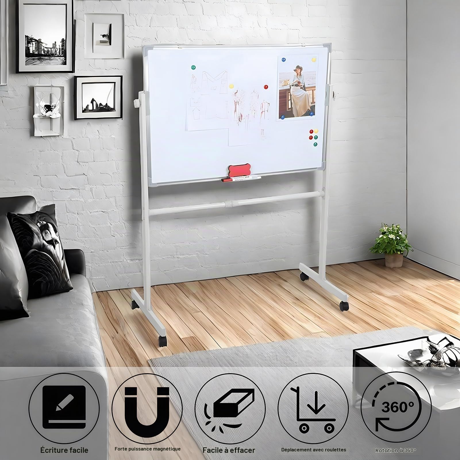 Tableau Blanc Effaçable sur Pied 126 x 90 cm, Grand Tableau Magnétique Double Face avec Marqueurs et Accessoires, Paperboard Aluminium pour Bureau, Maison ou École (60x90cm)