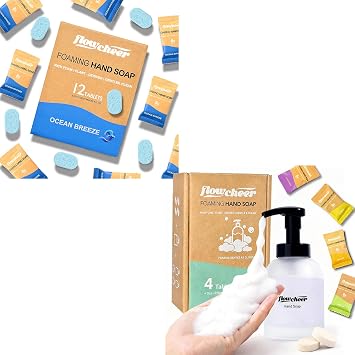 flowcheer Foaming Hand Soap Tablet Refills CrystalClear Glass Foaming Hand Soap Dispenser + 16 scented Soap Refill Tablets