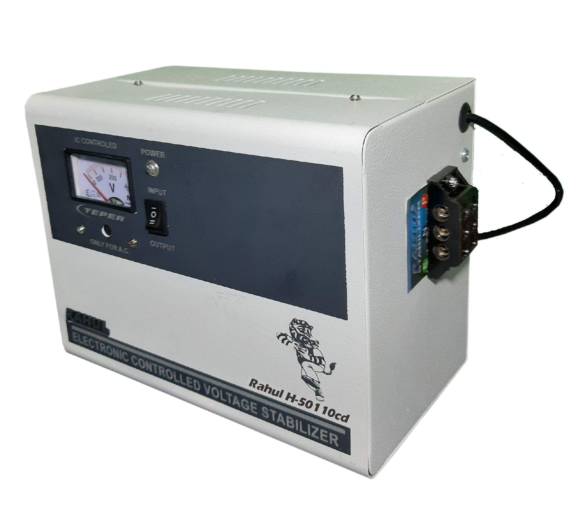 Rahul H-50110cd in Put 100-280 Volt,5 Booster,Best Suitable for 2 Tonns Air Conditioners,If You Use Anything Other Than AC,Then Only Load a Maximum of 10 Amps,Automatic Copper Voltage Stabilizer