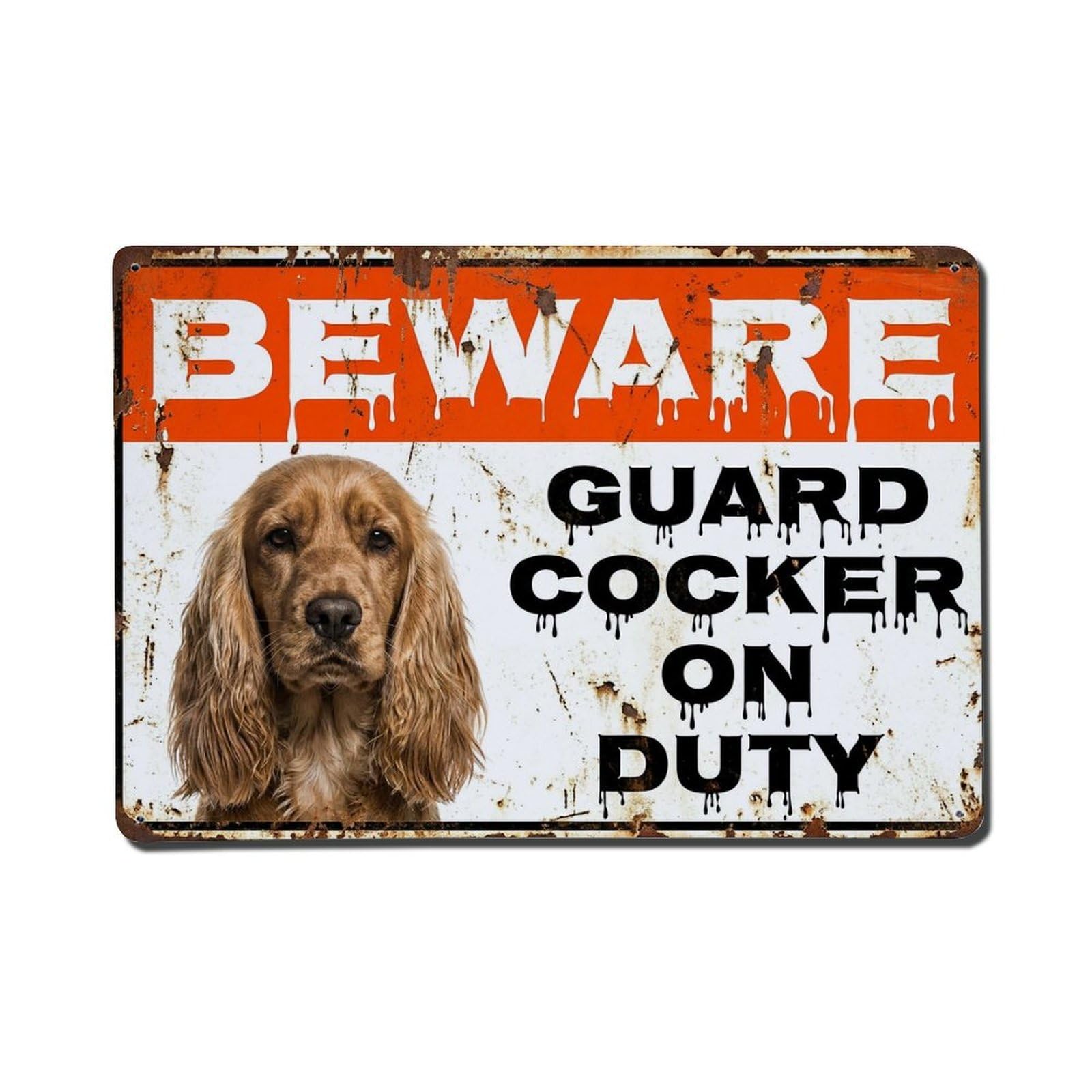 Vintage Funny Cocker Guard Beware of Dog Hallway Metal Tin Sign Plaque Wall Decor for Cafe, Club Bar, Office, Garden Metal Poster 8x12Inch