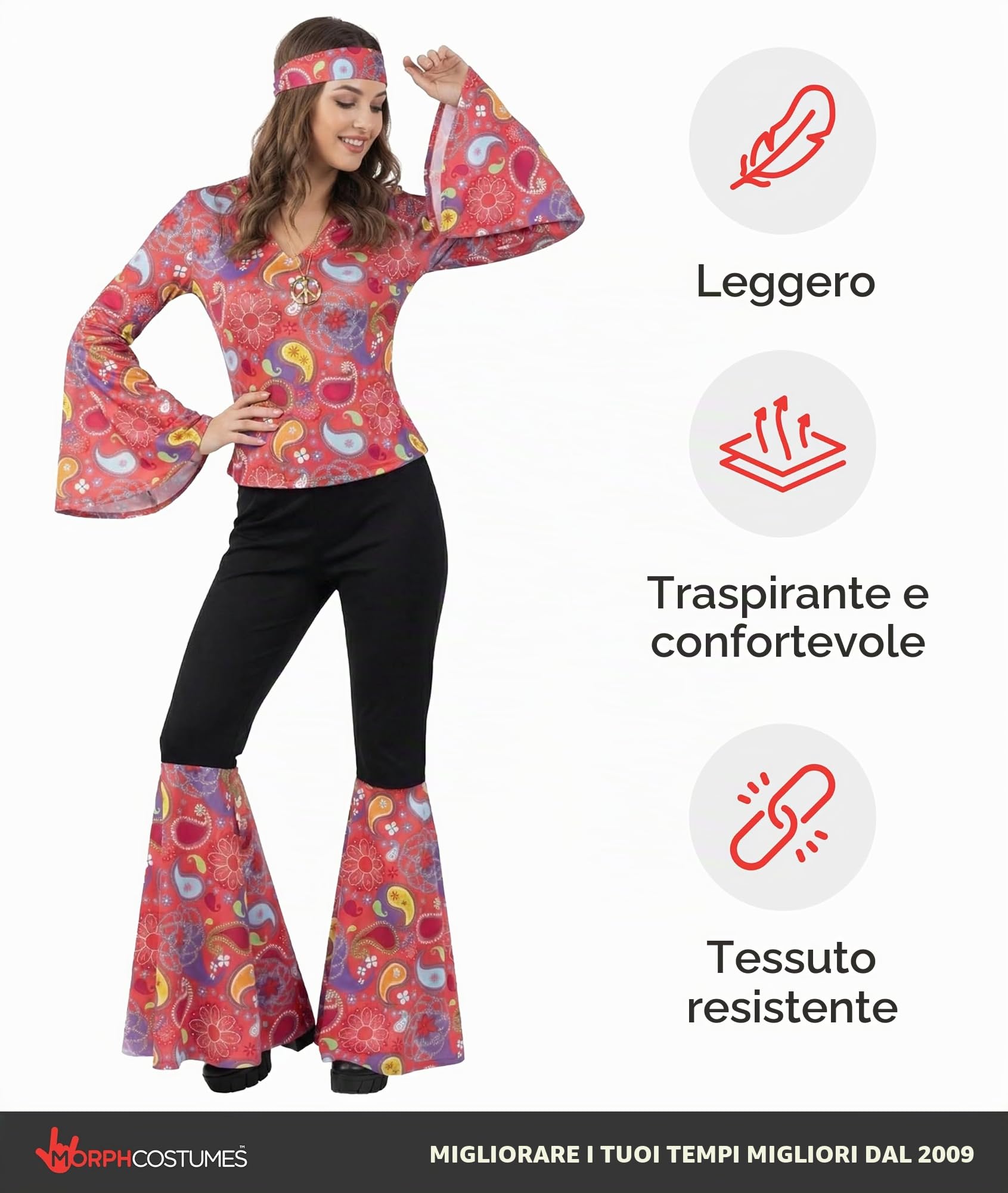 Morph Costumi Anni 70 Donna, Costume Hippie Halloween Donna | Top Paisley, Pantaloni a Zampa & Fascia, Stile Figli dei Fiori, Perfetto per Halloween, Ideale per Travestirsi