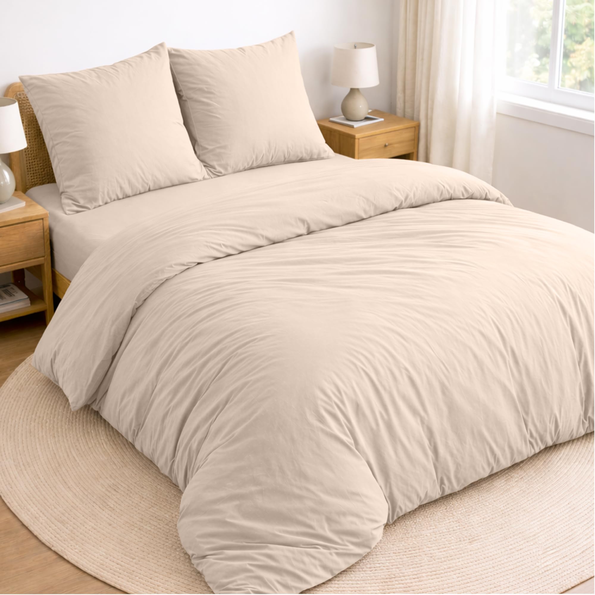 Twinzen Parure de lit 160 x 200-4 pièces - Housse de Couette 220x240 cm, Drap Housse 160 x 200 cm avec 2 taies d’Oreiller 65x65 cm - Microfibre brossée, Oeko-Tex - Beige