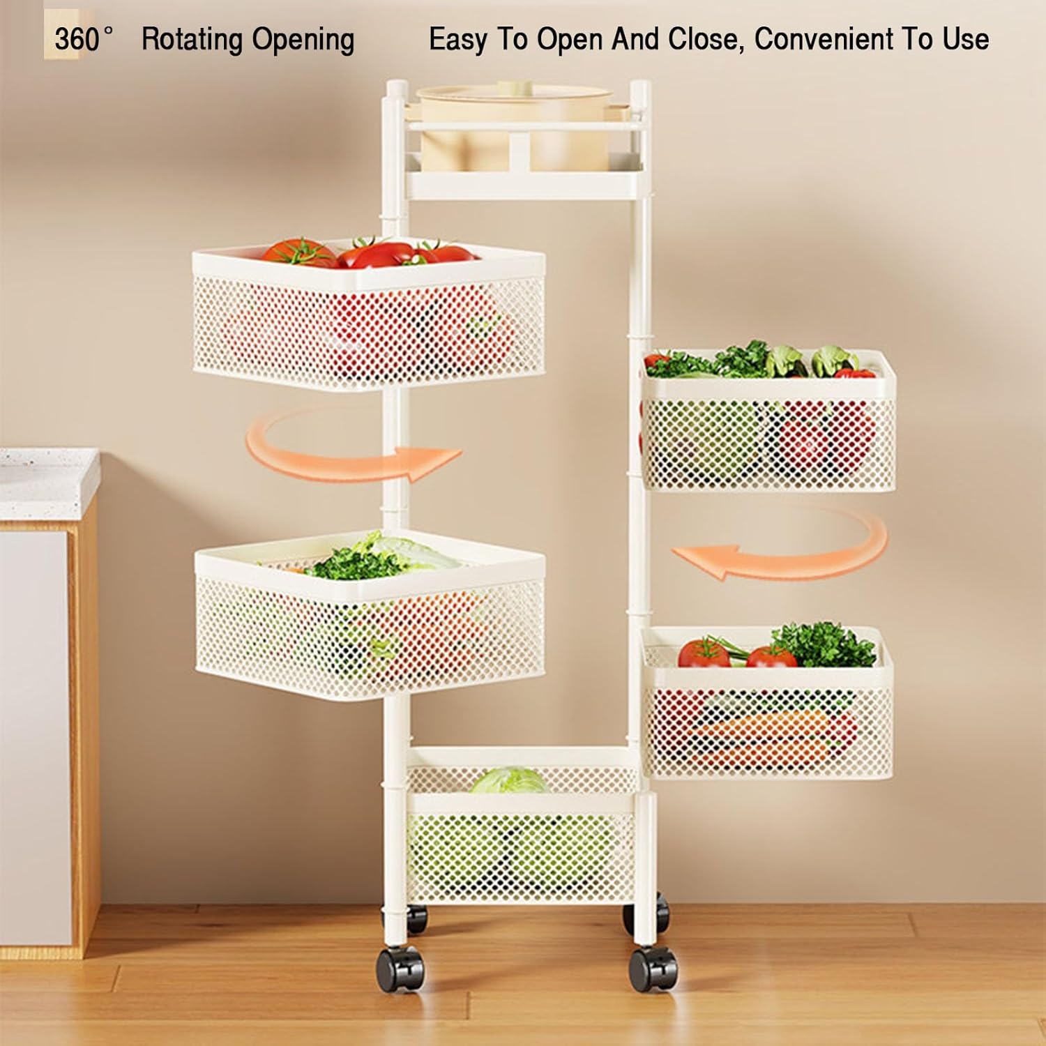 Multi-Layer Storage Rotating Basket,Square Rotating Fruit and Vegetable Shelf,Bathroom Shelf with Wheels,for Kitchen, Bathroom(White,5 Tiers)