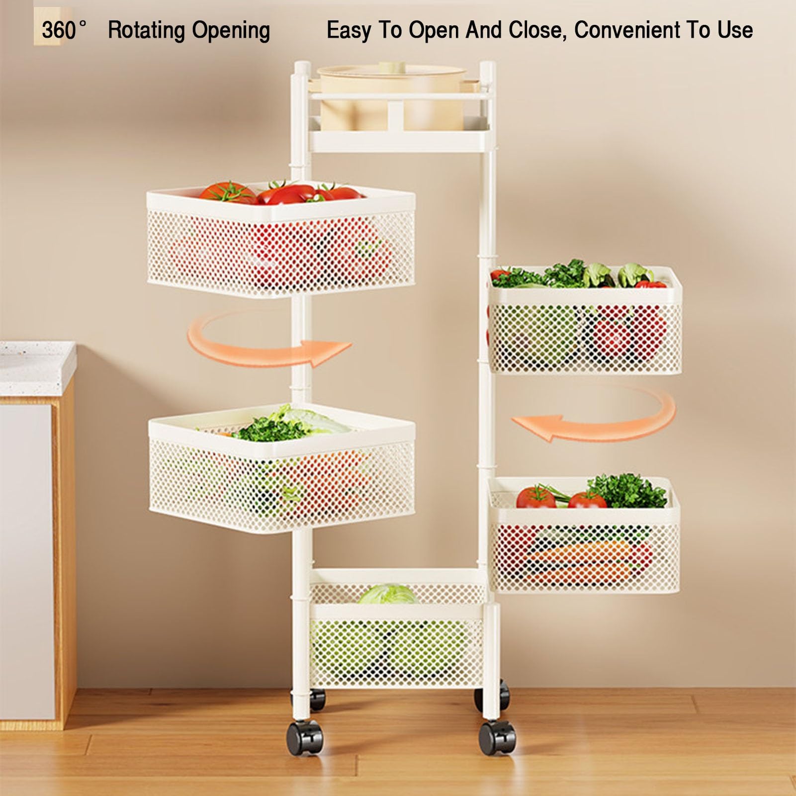 Cesto portaoggetti girevole, scaffale multistrato per cucina e bagno, organizer girevole a 5 ripiani per frutta e verdura con ruote, design salvaspazio