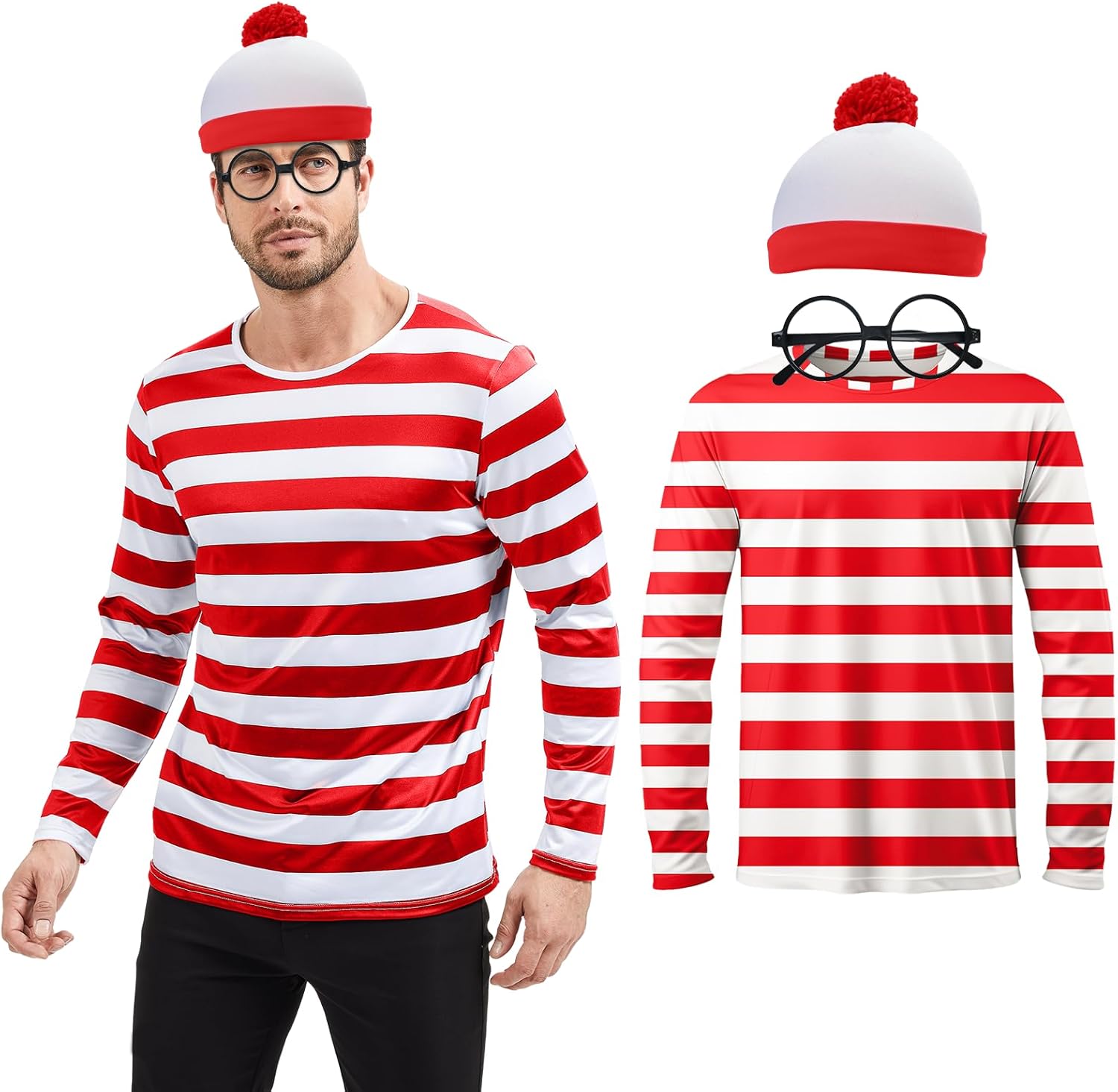 Adult Red and White Striped Shirt Men Funny Halloween Costumes Shirt Hat Socks and Glasses Suits