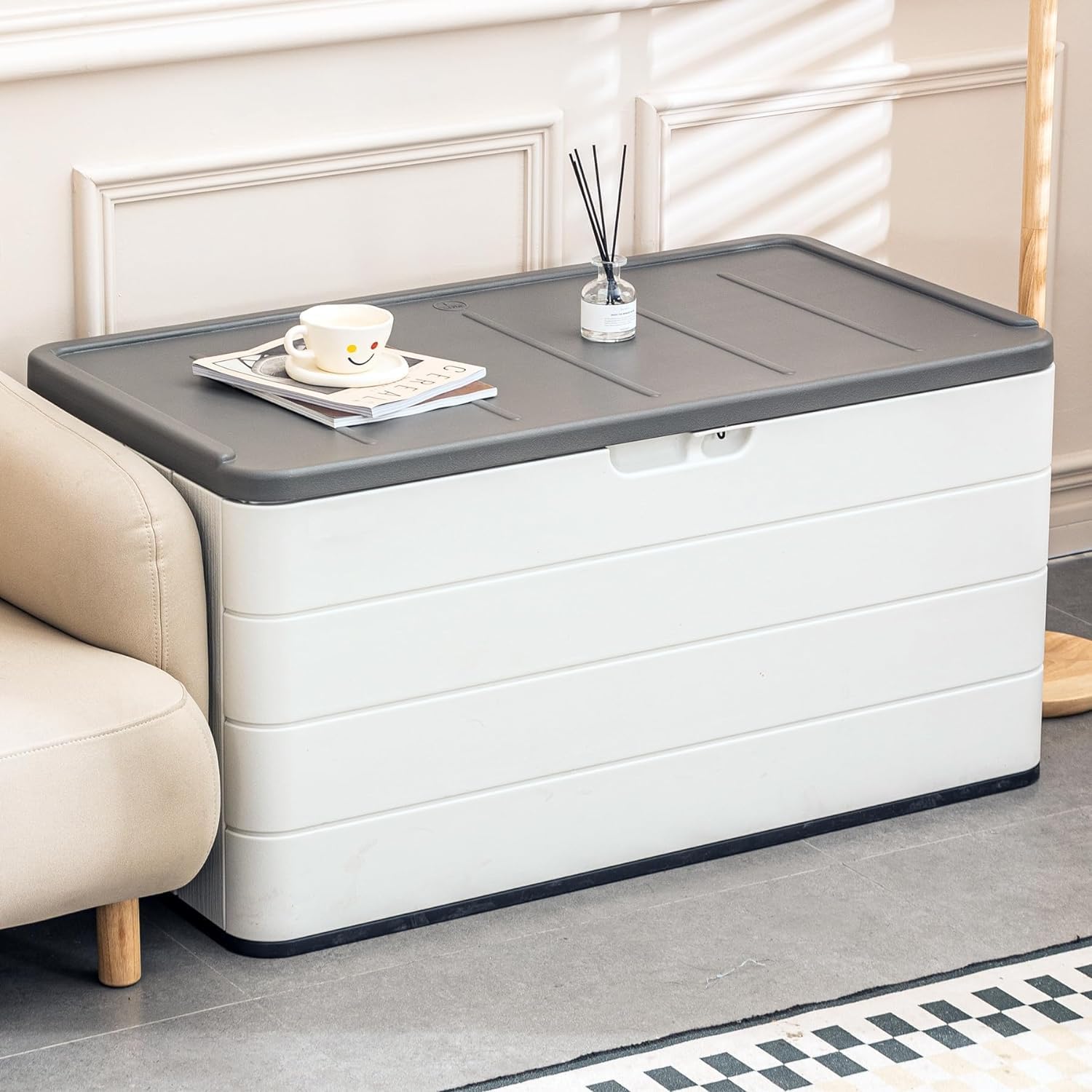 Outdoor Storage Box, 100 Gallon Plus Resin Deck Box Waterproof for Patio Furniture, Garden Tools and Pool Accessories, Lockable UV-Resistant Storage Bin Bench Cabinet for Outside, White