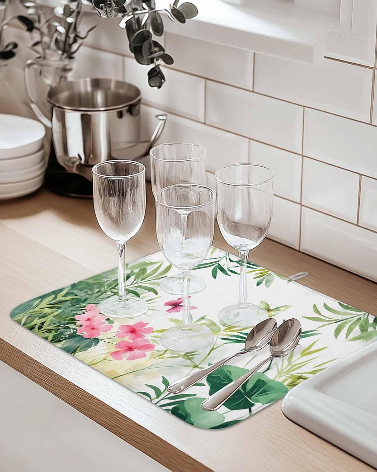 Dish Drying Mat for Kitchen, Pastoral Wildflowers Butterfly Watercolor Absorbent Dish Drying Pad, Kitchen Counter Mat for Dishes Utensils Camping, 16"x18"(2 Pcs)