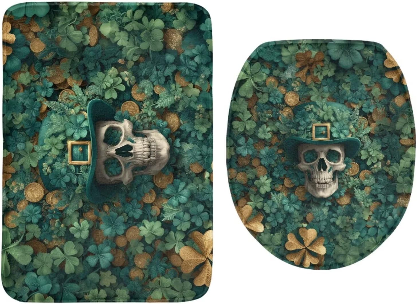 Skull Shamrock Print Bathroom Rug Sets 2 Pack Absorbent Toilet Foot Rug Portable Toilet Lid Seat Cover Bath Carpet St. Patrick's Day Accessories for Bathroom Bedroom Living Room