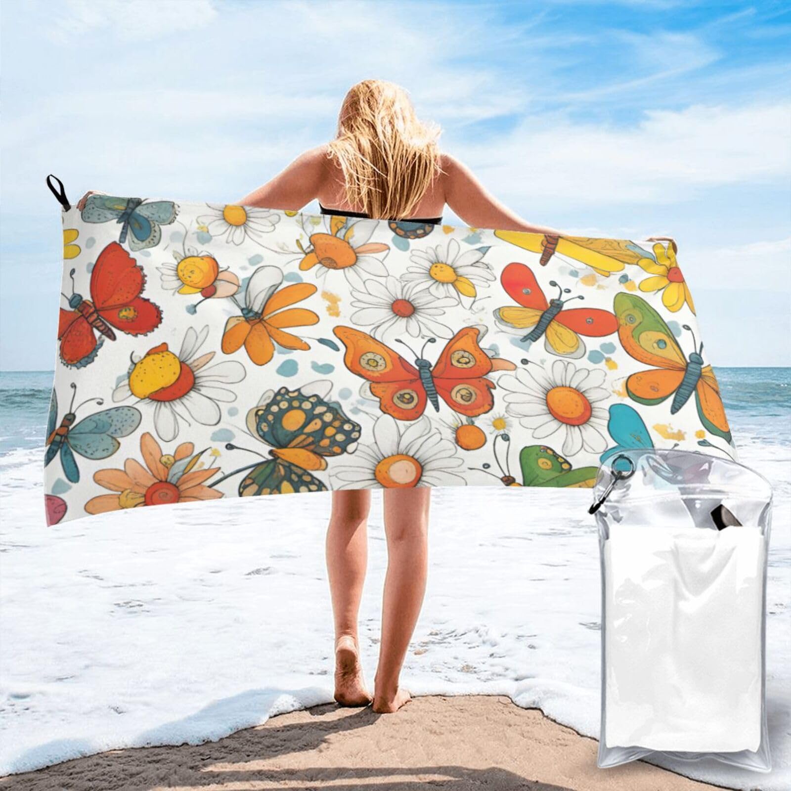 AYYQWE Butterfly Daisy Print Lightweight Towel For Men Women Travel Beach Camping Hiking Yoga Swimming Sports