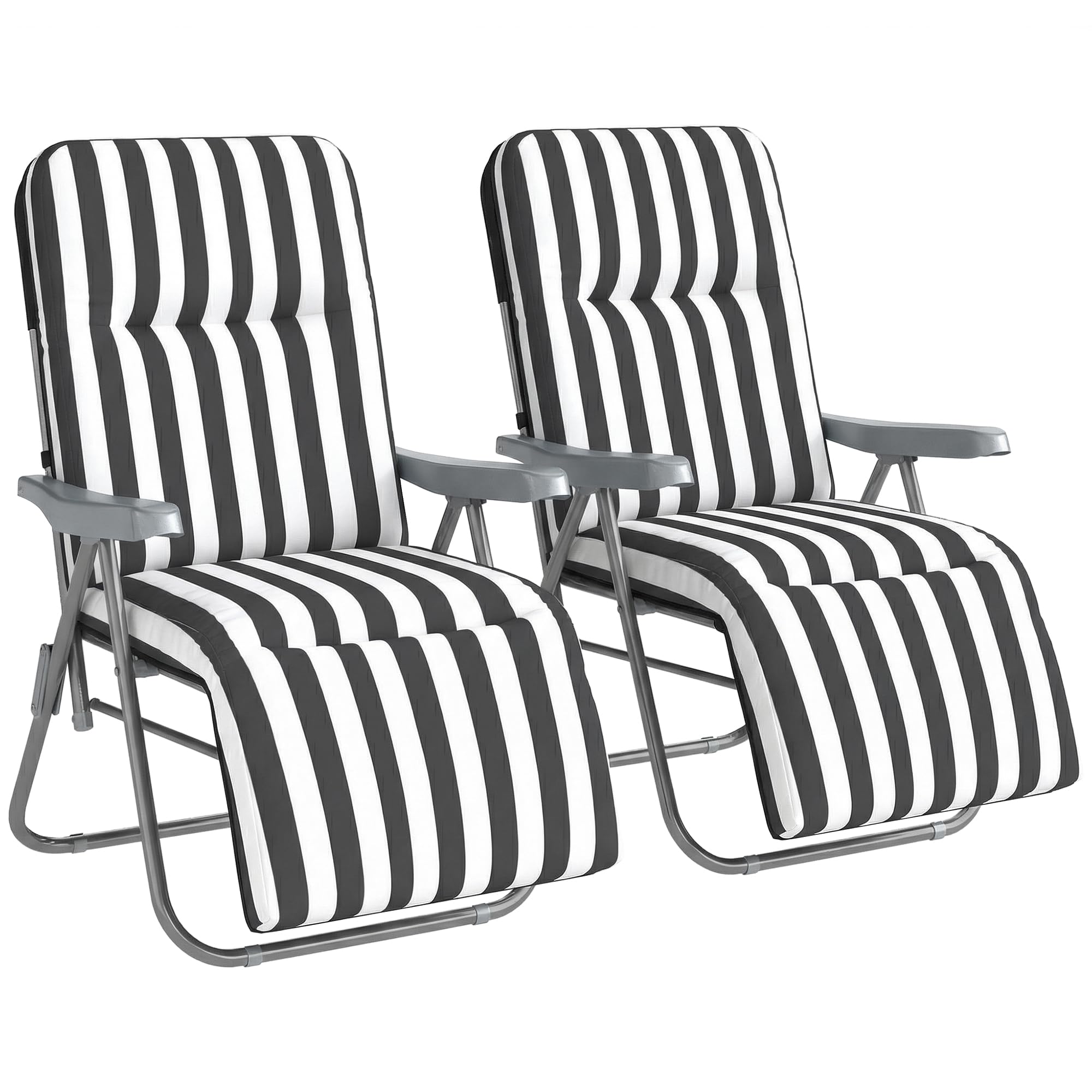 Outsunny Reclining Garden Chair Set of 2, 5-Level Adjustable Zero Gravity Chairs with Cushions, Folding Sun Lounger Garden Recliner Chairs with Armrests for Outdoor, Patio, Grey Stripe