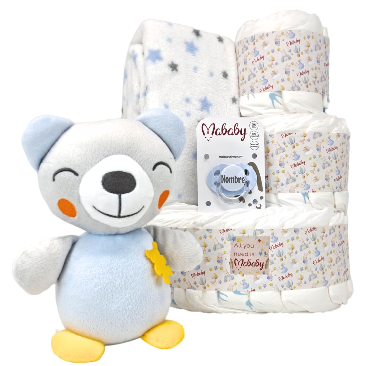Mababyshop, Tarta de Pañales Smile - Regalo Recién Nacido Original Con Manta y Peluche para Bebe - Chupete Personalizado con Nombre en Pastel de Pañales (Azul)