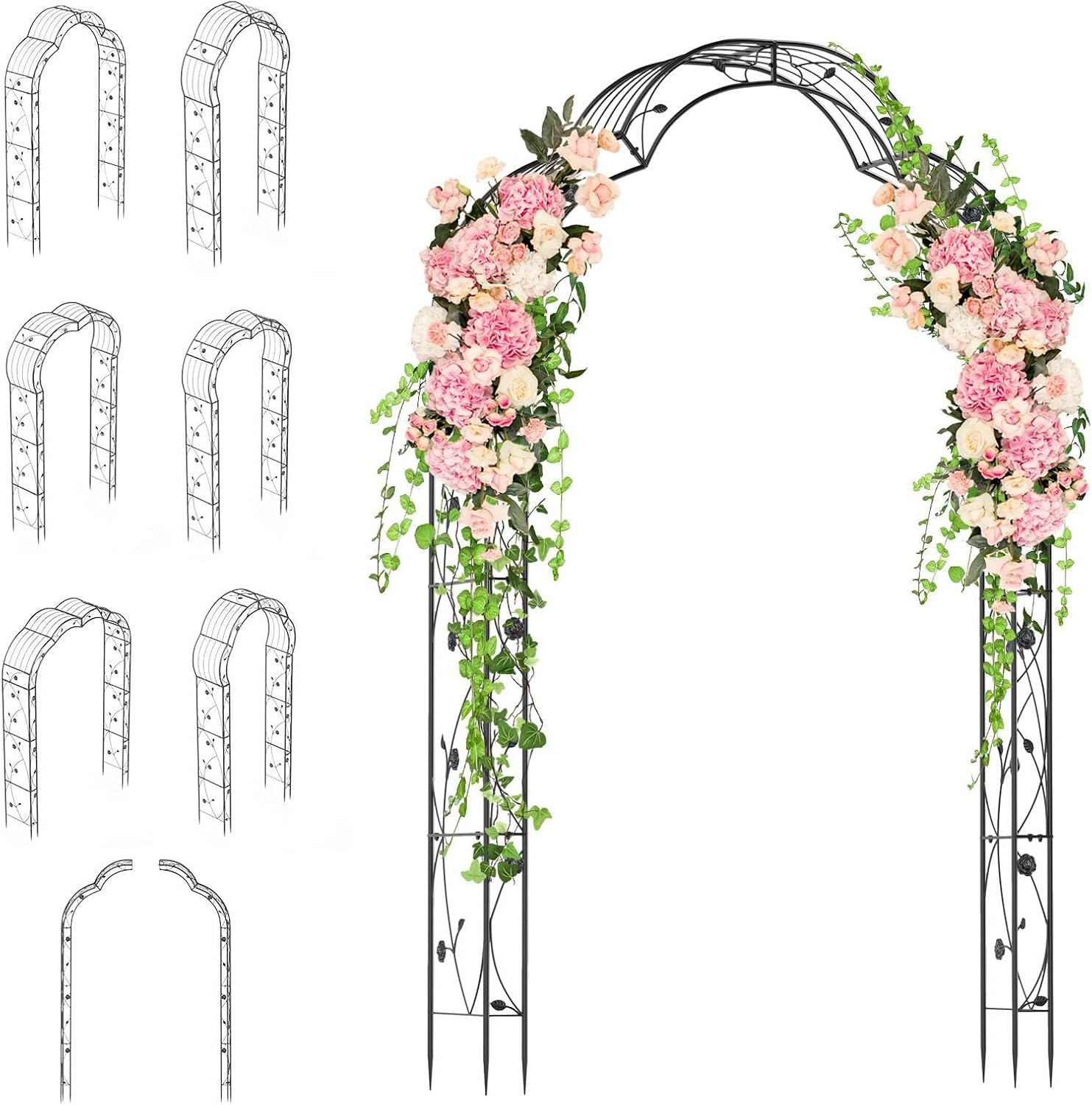 Moccha 2 Sides Garden Arch Arbor Trellis, 8.2FT Metal Archway for Climbing Plants Roses Vines, Outdoor Pergola Trellis with 6 Styles & Sharp Ends, Garden Arbor for Backyard Wedding Party Ceremony