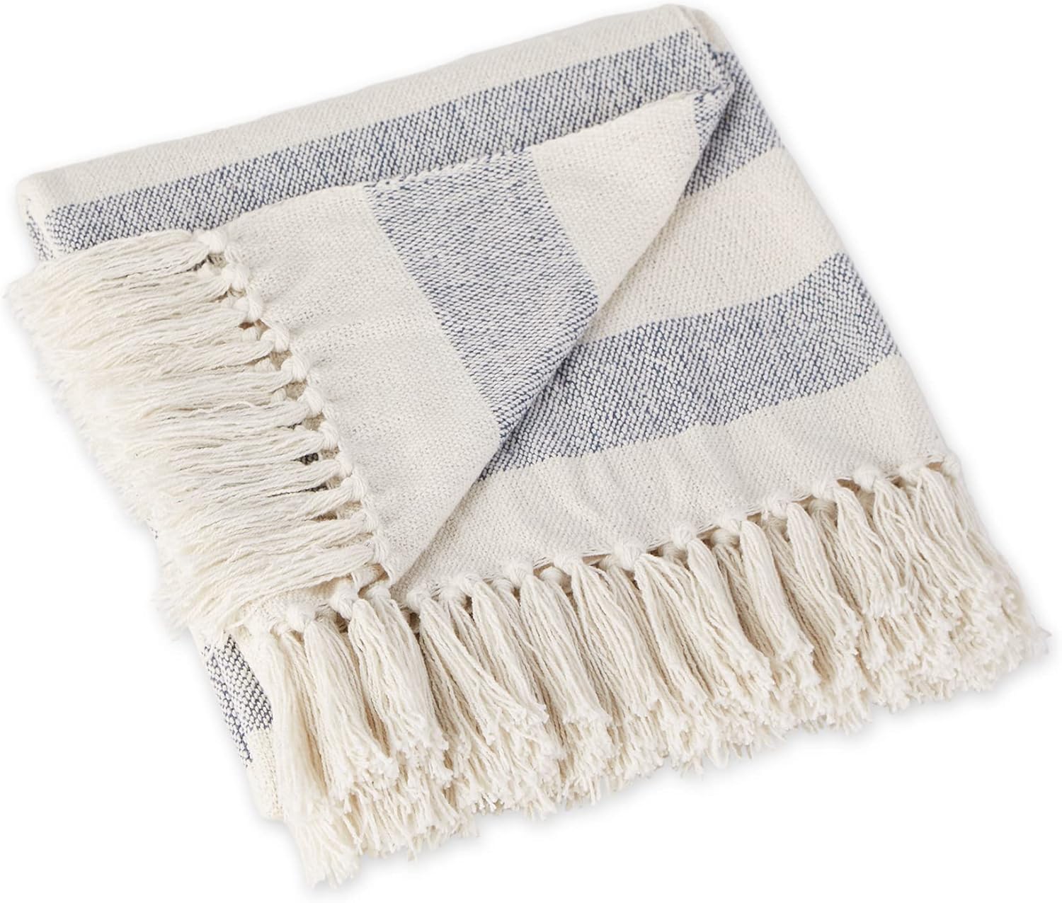 DII Rustic Farmhouse Cotton Cabana Striped Blanket Throw with Fringe, 50 x 60 - Cabana Striped Off-White with French Blue