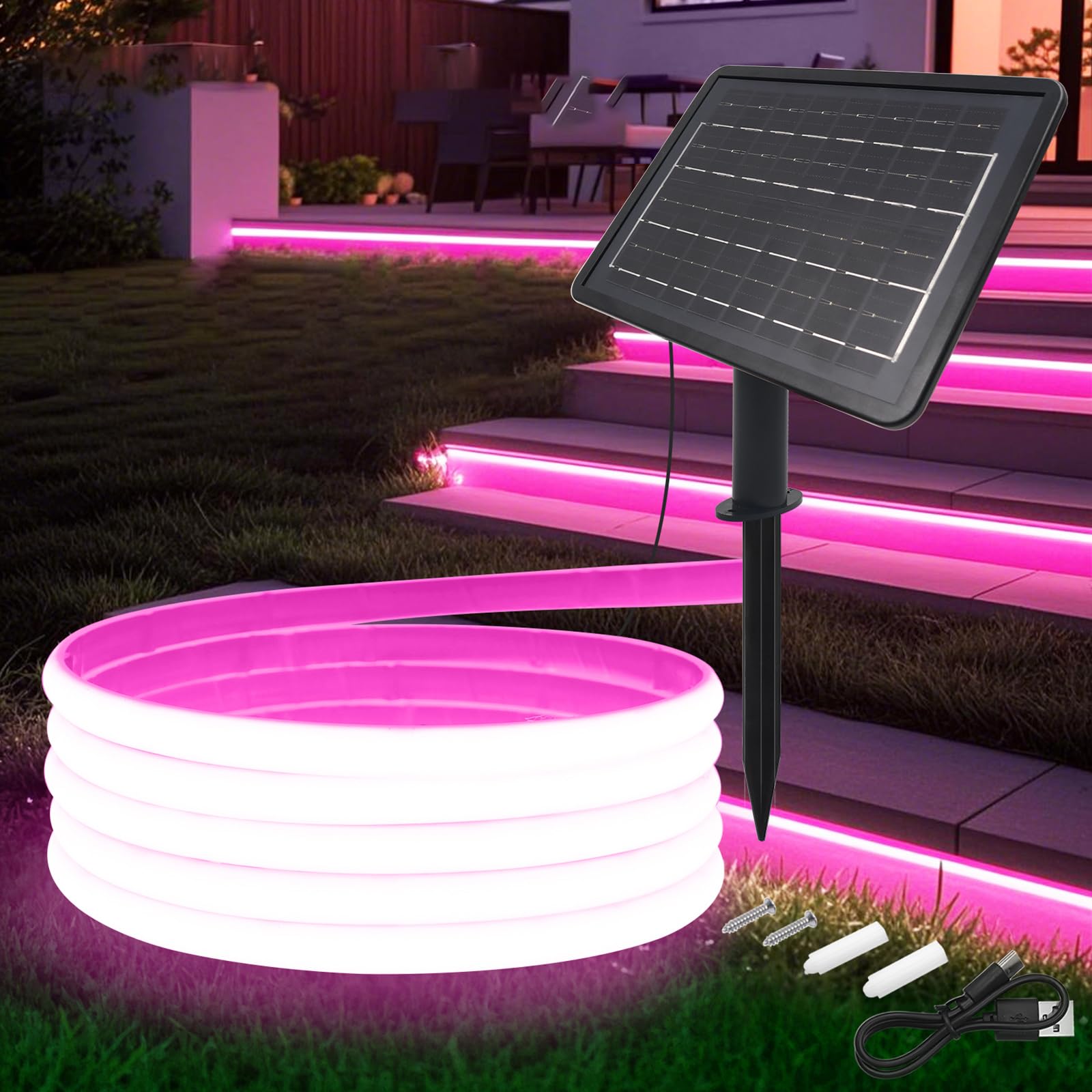 KAFULA 24V COB LED Solar Strip [10m,Pink Light], 7200MAH Solar Panel Controller, 8 Modes, IP68 Waterproof Flexible Silicone FCOB LED Neon Strip, Bedroom Garden Corridor Decoration — image 1