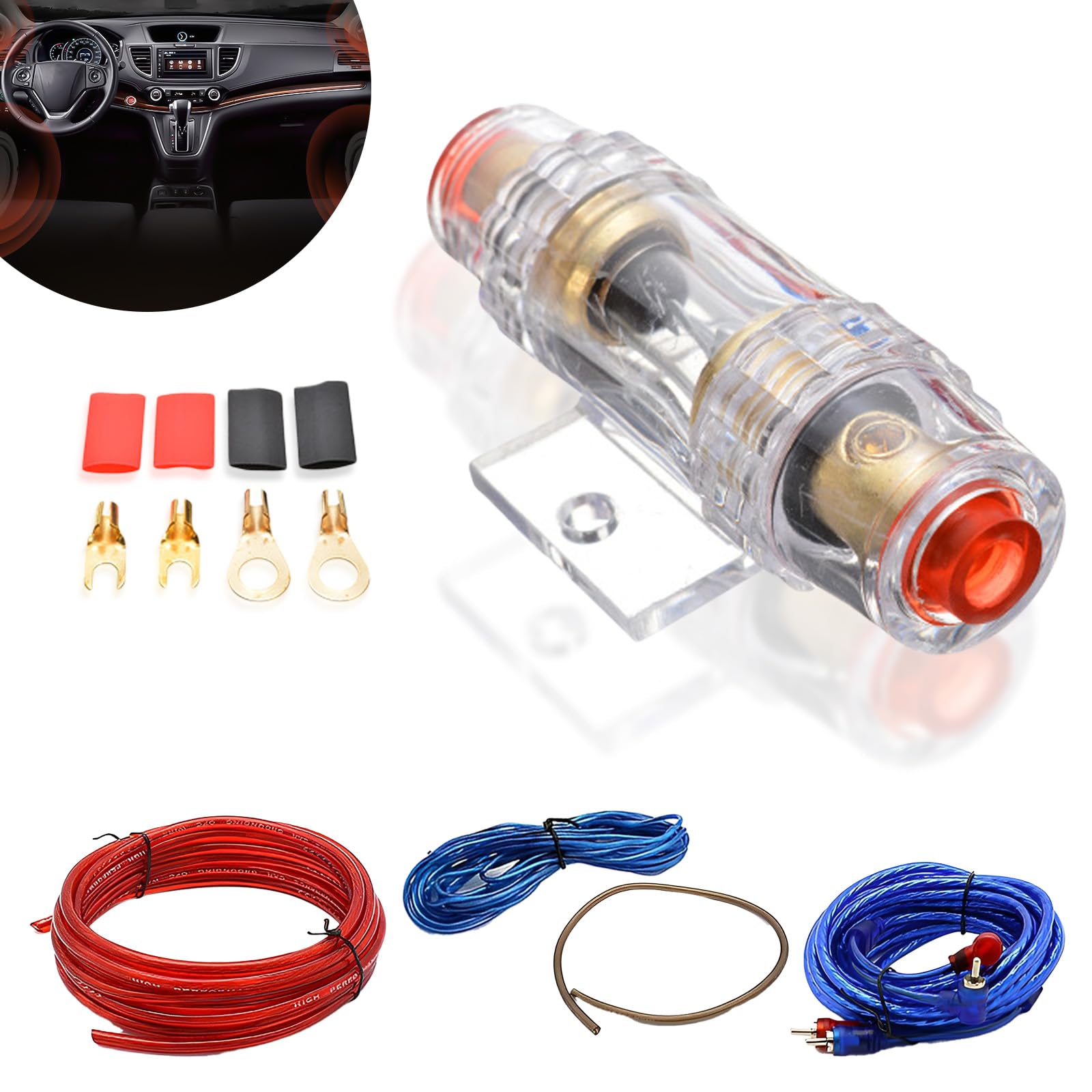 Kfz Verstärker Kabelsatz Subwoofer Kabel: HOMURY 10GA Endstufe Auto Anschluss Set, Endstufen-Anschluss-Set 25mm², Audio Subwoofer Sicherungshalter Gabelkabelschuhen Kabelbinder mit Sicherung