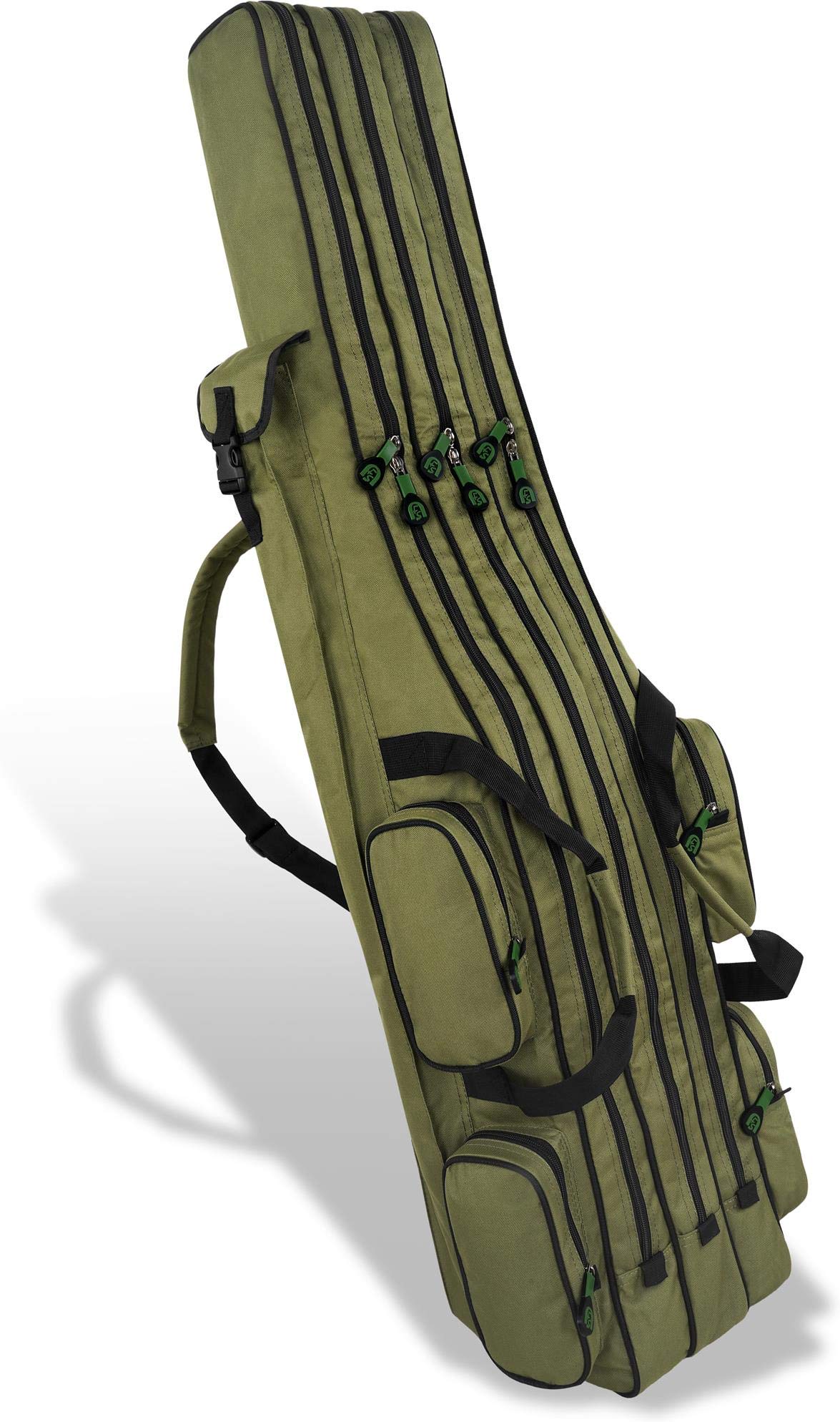 normani XXL Angel Tasche Futteral 190cm oder 210cm Rutentasche Anglerrucksack - 8 Taschen für 6 Ruten und Kescher Olive 190 cm