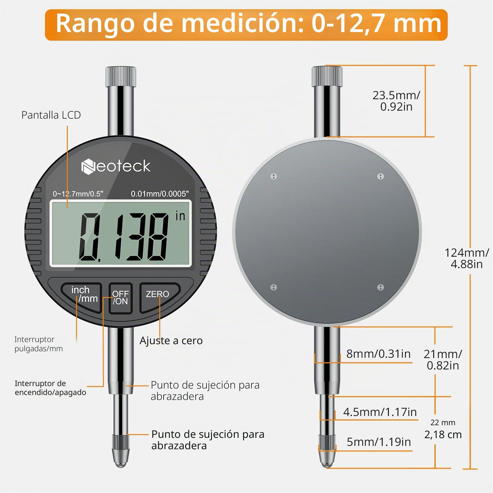 Neoteck Indicador de Diámetro Indicador de Diámetro Interior 2"-6"/0.0005" Juego de Indicador de Diámetro con Dial Autocentrante,Empuñaduras Aisladas para Medición Profunda de Cilindros de Motor-Negro