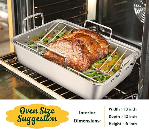 Miniatura 7 de E-far Asador de pavo de acero inoxidable de 16 x 11.5 pulgadas con estante plano y en forma de V, no tóxico y resistente, apto para lavavajillas,