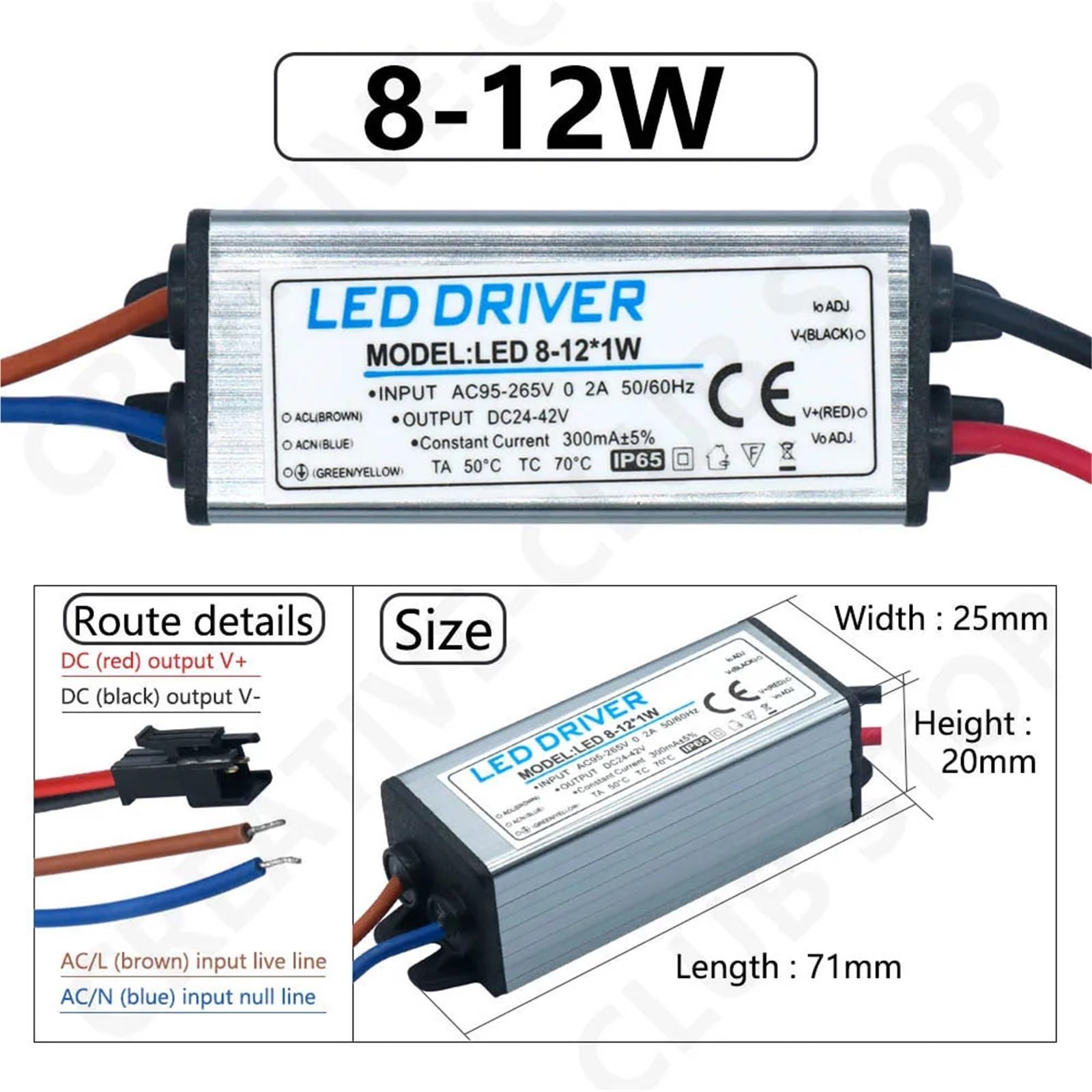 Sterownik LED 1-3 W, 4-7 W, 8-12 W, 12-18 W, 18-25 W, 25-36 W, adapter transformatora AC 85V-265 V, wodoodporny zasilacz IP65 300 mA do panelu świetlnego (4-7 W DC12-26V)
