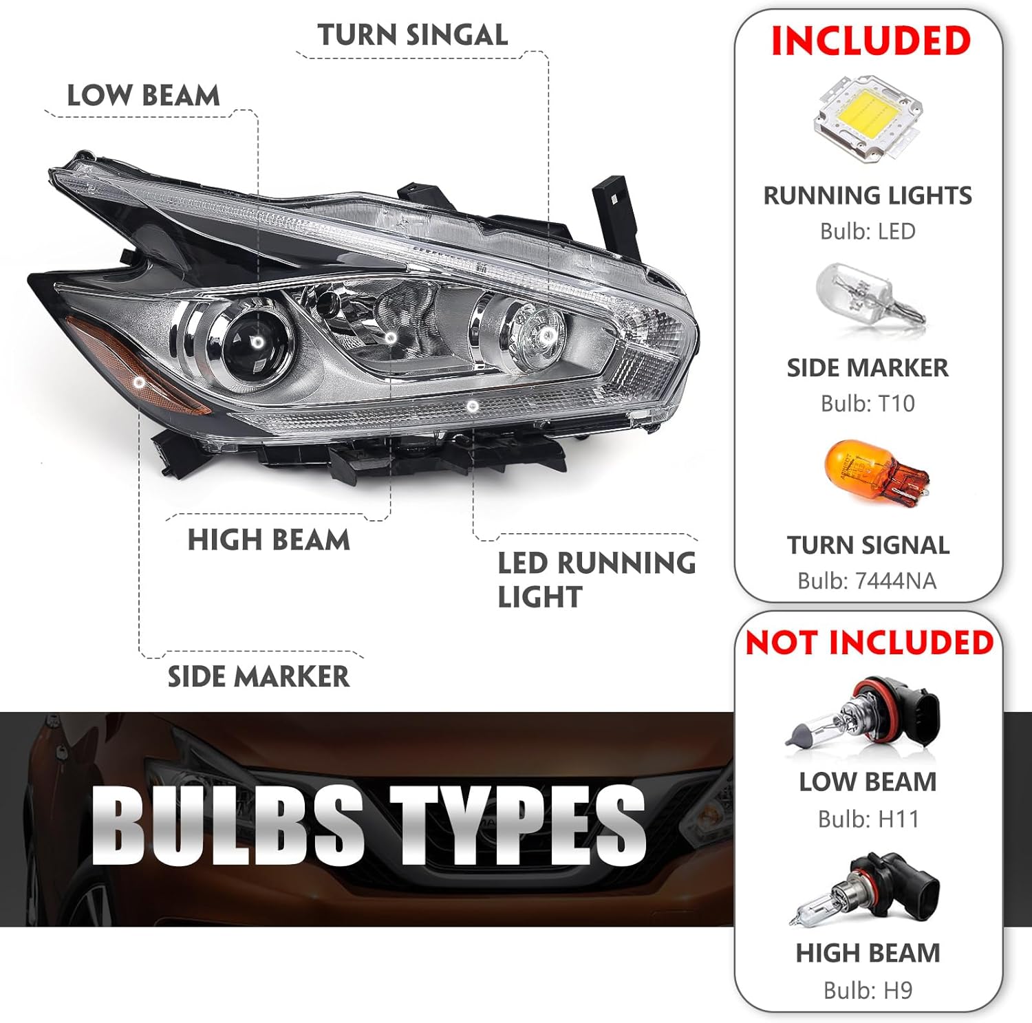 huray right halogen headlight assembly fit for nissan murano 2015 2016 rh oe factory led drl projector headlamp w/o bulbs replacement passenger side rh(passenger side)