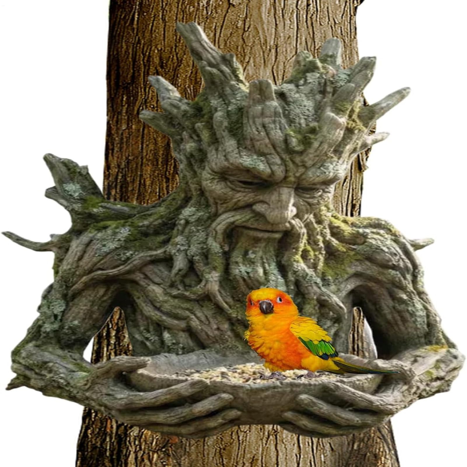 Tree-Integrated Bird Feeding Sculpture | Tree Birds Feeder Statue | Outdoor Millennial Ancient Tree Face Bird Feeder with Hidden Hanger | The Quiet Offering Birds Feeding Station for Garden Ornament