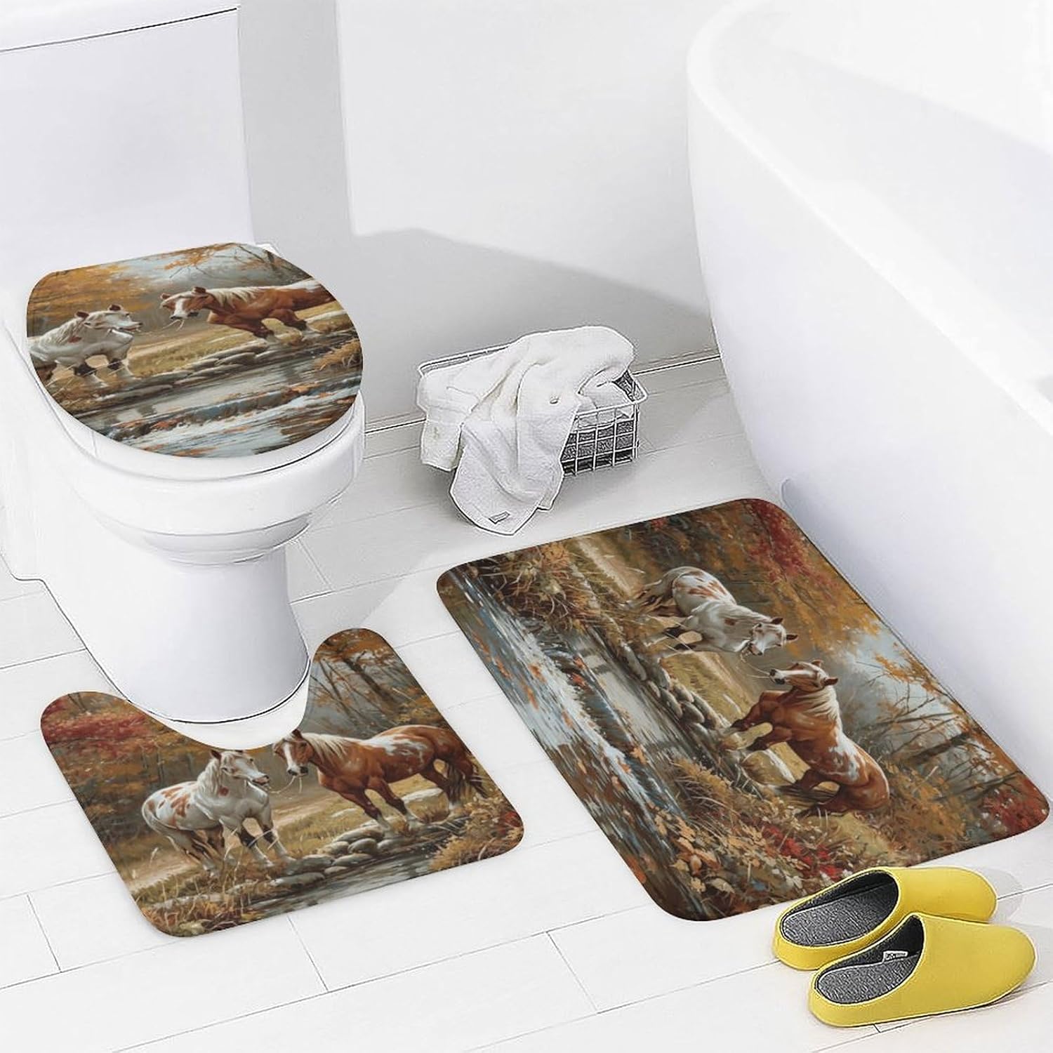Rustic Natural Horses Shower Curtain Sets with Non-Slip Rug, Toilet Lid Cover And Bath Mat, Wildlife Paintings Forest Scenery Shower Curtain Sets with 12 Hooks, Shower Curtain for Bathroom Set Decor
