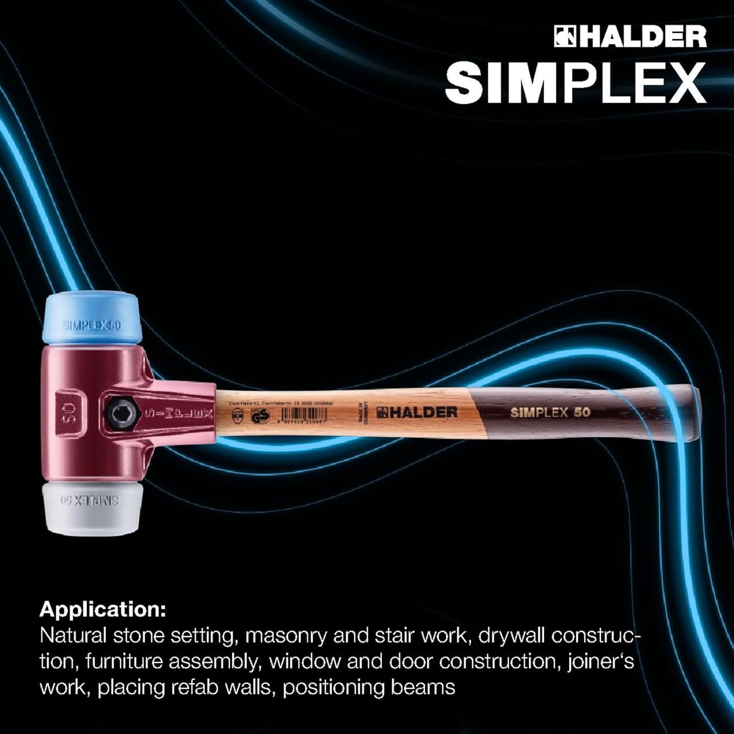 Halder Simplex Mallet 80mm – Dual Faces, TPE-Soft & TPE-Mid Inserts, Cast Iron Housing with Protection Sleeve, Hickory Handle, Stone, Masonry & Assembly – 3013.080