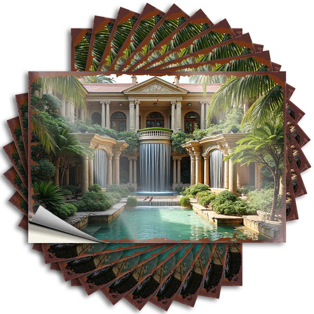 Elegant Mansion with Lush Garden and Waterfall Funny Birthday - Funny Sticker Hard Removable Vinyl Decal(12X18CM)