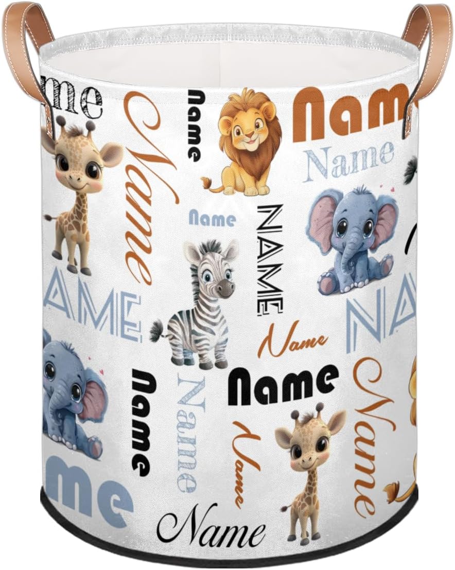 Custom Elephant Zebra Giraffe Lion Laundry Hamper, Personalized Laundry Baskets with Handles Dirty Clothes Hamper Storage Basket