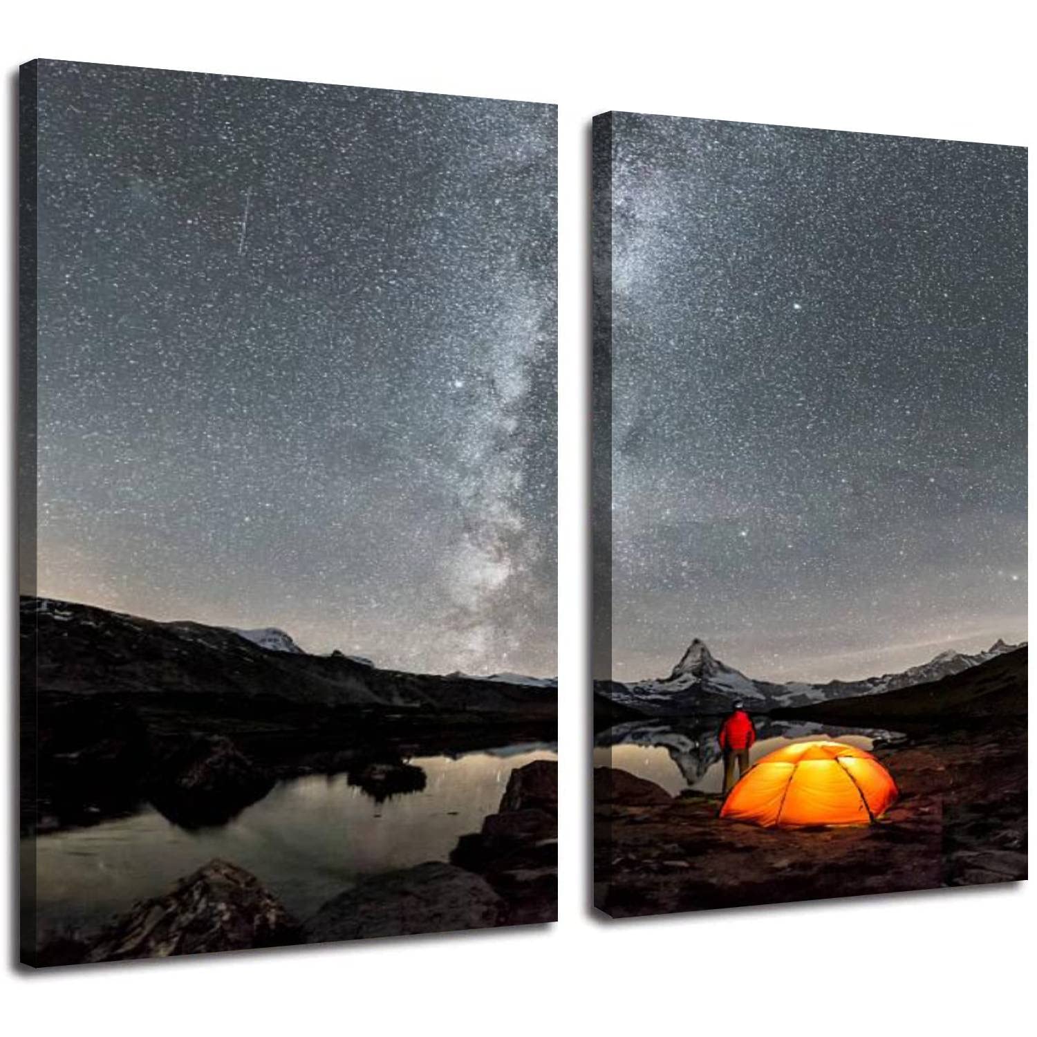 2 Panel Modern Canvas Wall Art - under Milky Way at Matterhorn - Large Size Wall Paintings Wall Posters for Bedroom Living Room Home Decor 24"x36"