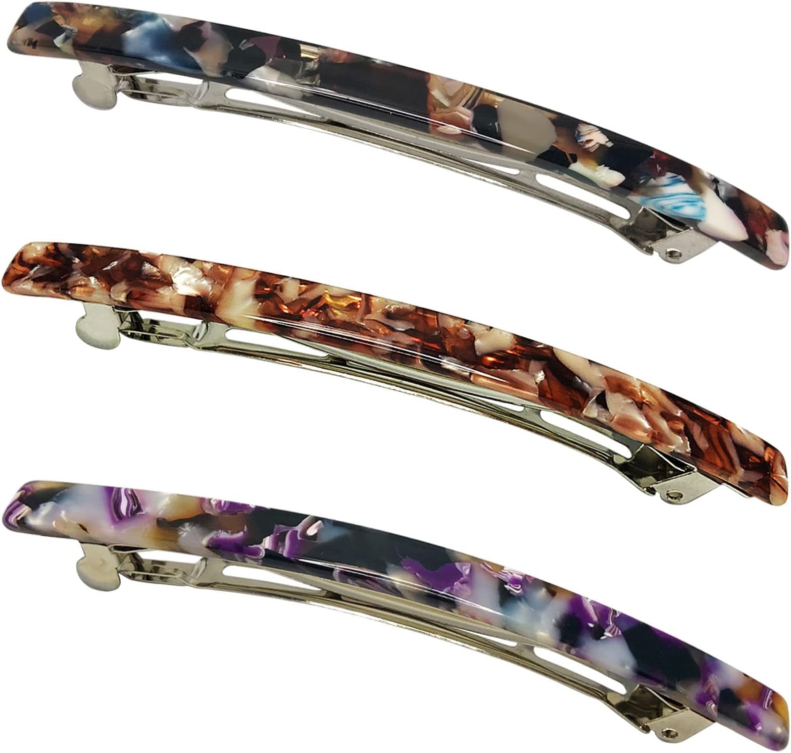 HYFEEL Long French Hair Barrettes 4 Inch Large Hair Clips for Women Thick Hair Automatic Clasp Clamp Pins Resin Nonslip Grip Ponytail Holders, Stylish Hair Accessories 3 Pack (Brown Black Purple)