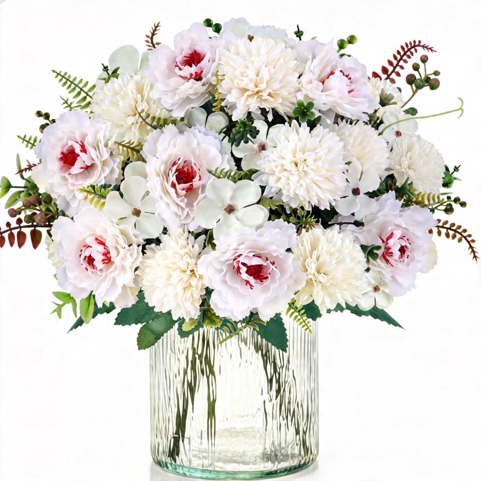 Fairblo 4Pcs White Artificial Flowers Fake Hydrangea Flowers Faux Peoney