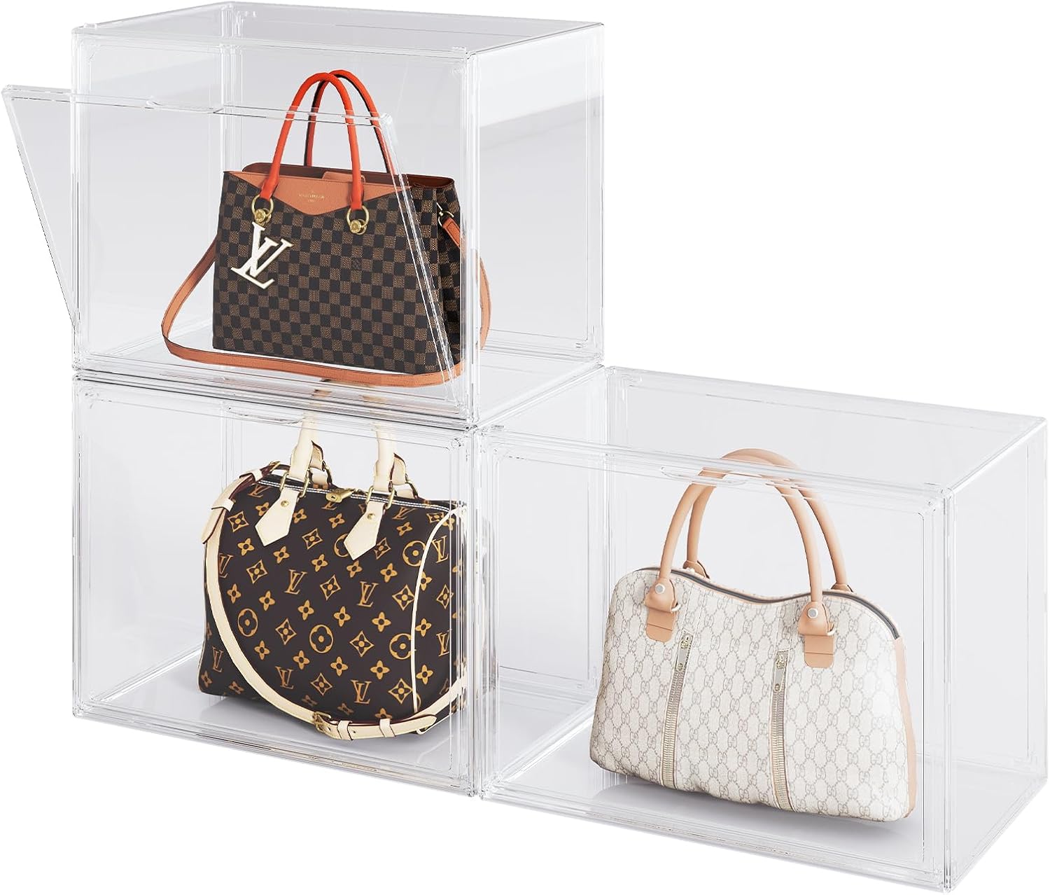Purse Organizer for Closet,3 Packs Clear Acrylic Display Case for Handbag Organizer,Purse Storage Box with Magnetic Door, Stackable Plastic Storage Bins for Handbag,Collectibles, Cosmetic