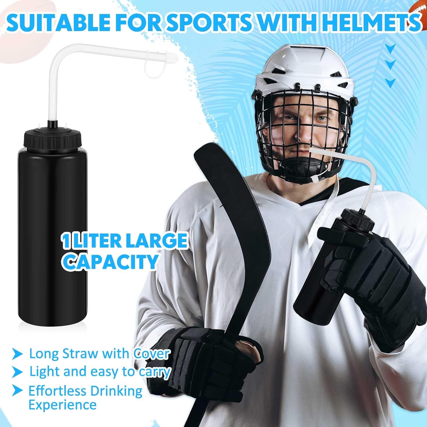 Domensi 2 Pack 1 Liter Sports Water Bottle with Long Straw Hockey Football Lacrosse 34 Oz Water Bottle Easy Squeeze Plastic Use with Sport Helmet in Football Baseball(Black,No Printed) - Image 3