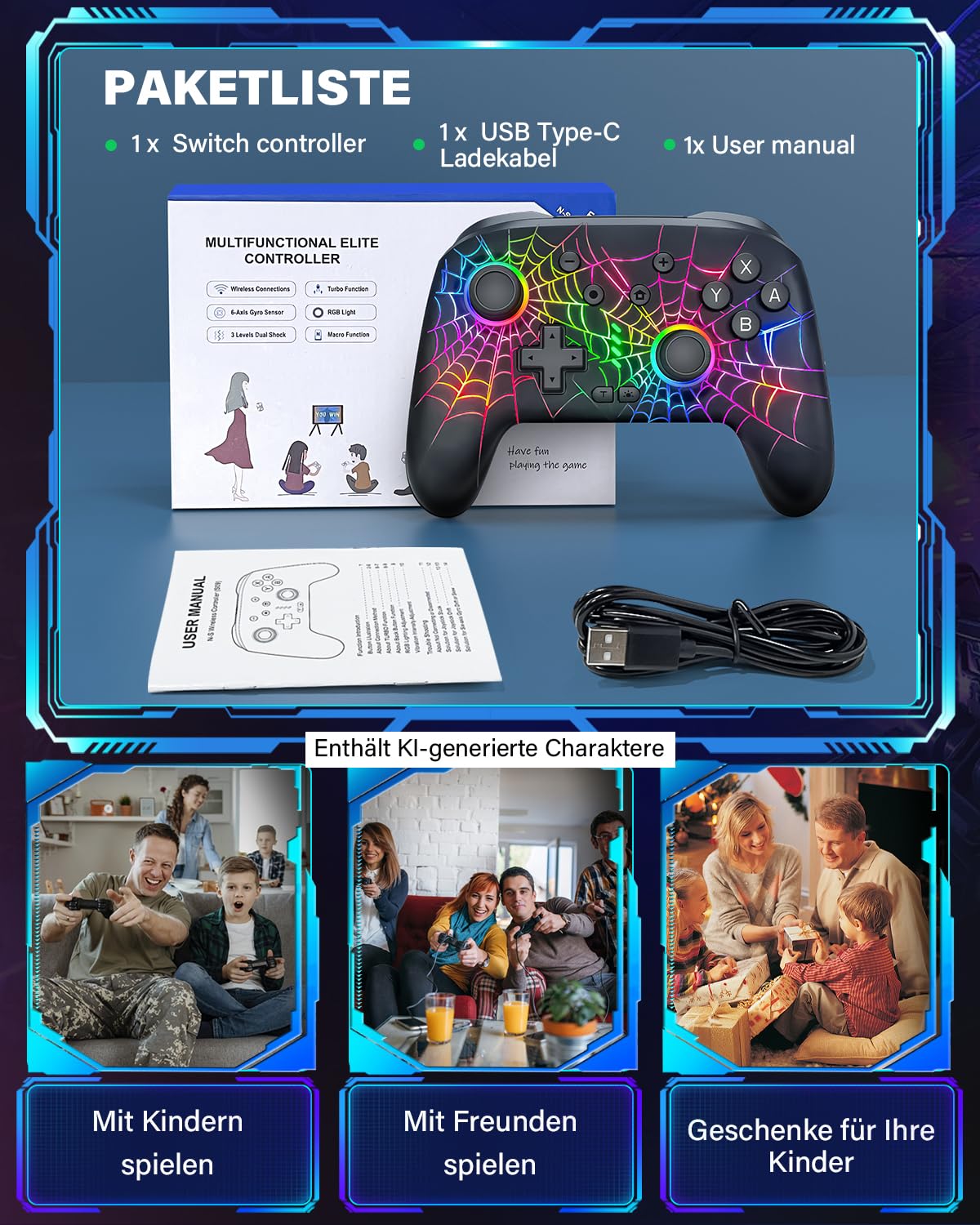 ZRZLMVP Switch Pro Controller für Switch/Switch 2/Oled/Lite - 1000 mAh Wiederaufladbar Wireless Switch Controllers mit 9 RGB Licht, Programmierbar, Wake Up Funktion, Turbo, Vibration - Spinngewebe