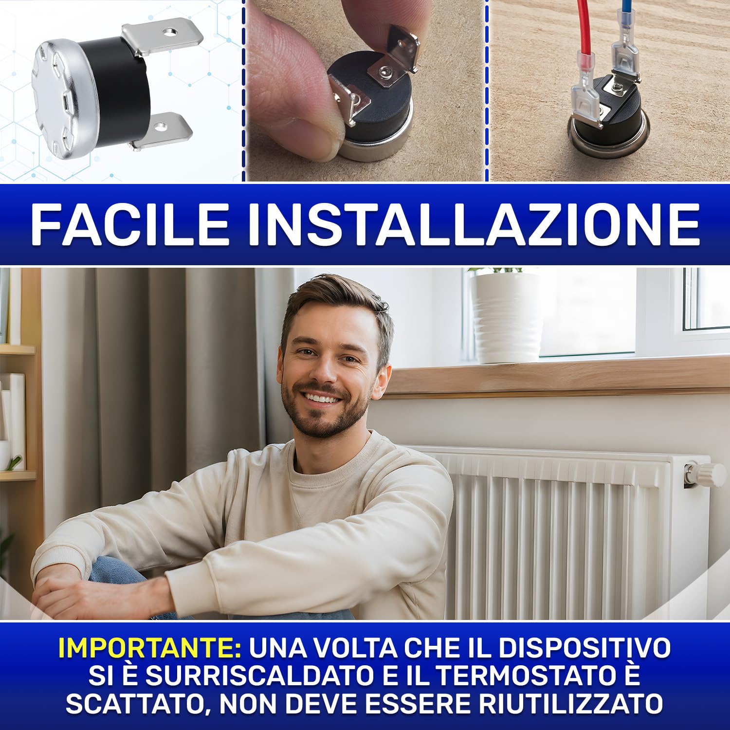 Termostato con Distacco Fisso NC Limitatore di Temperatura 95°C Faston Verticali 6,3 mm Garanzia di 10 Anni - MONTERAL