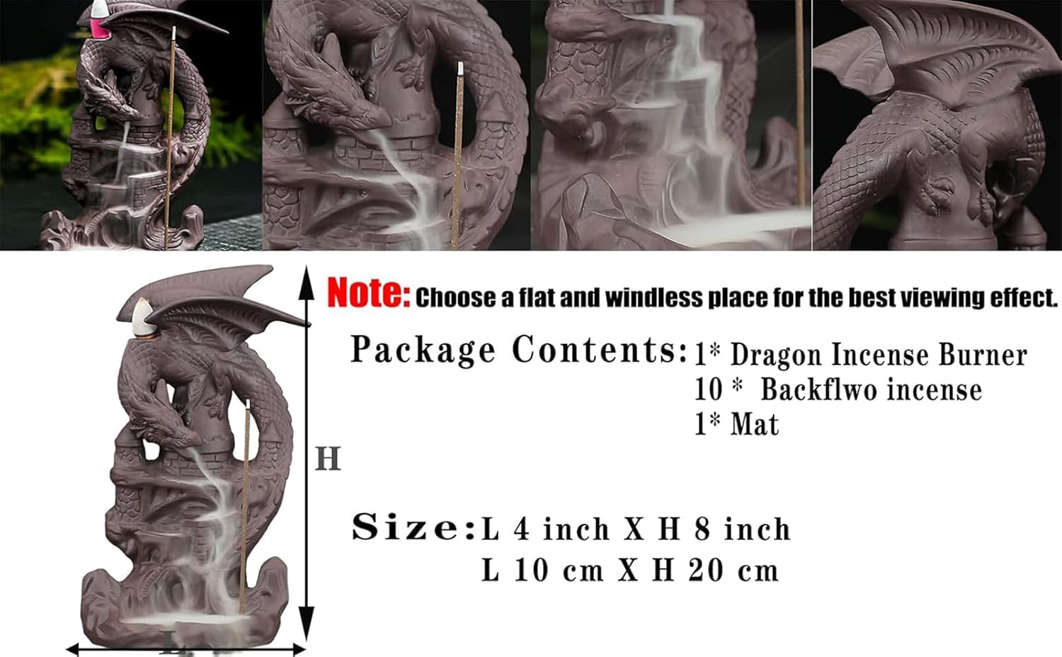 Dragon Backflow Incense Burner Handmade Ceramics Ornamen Statue Fountain Home Decor Waterfall Incense Holder, with 10 Backflow Incense Cones and 1Mat