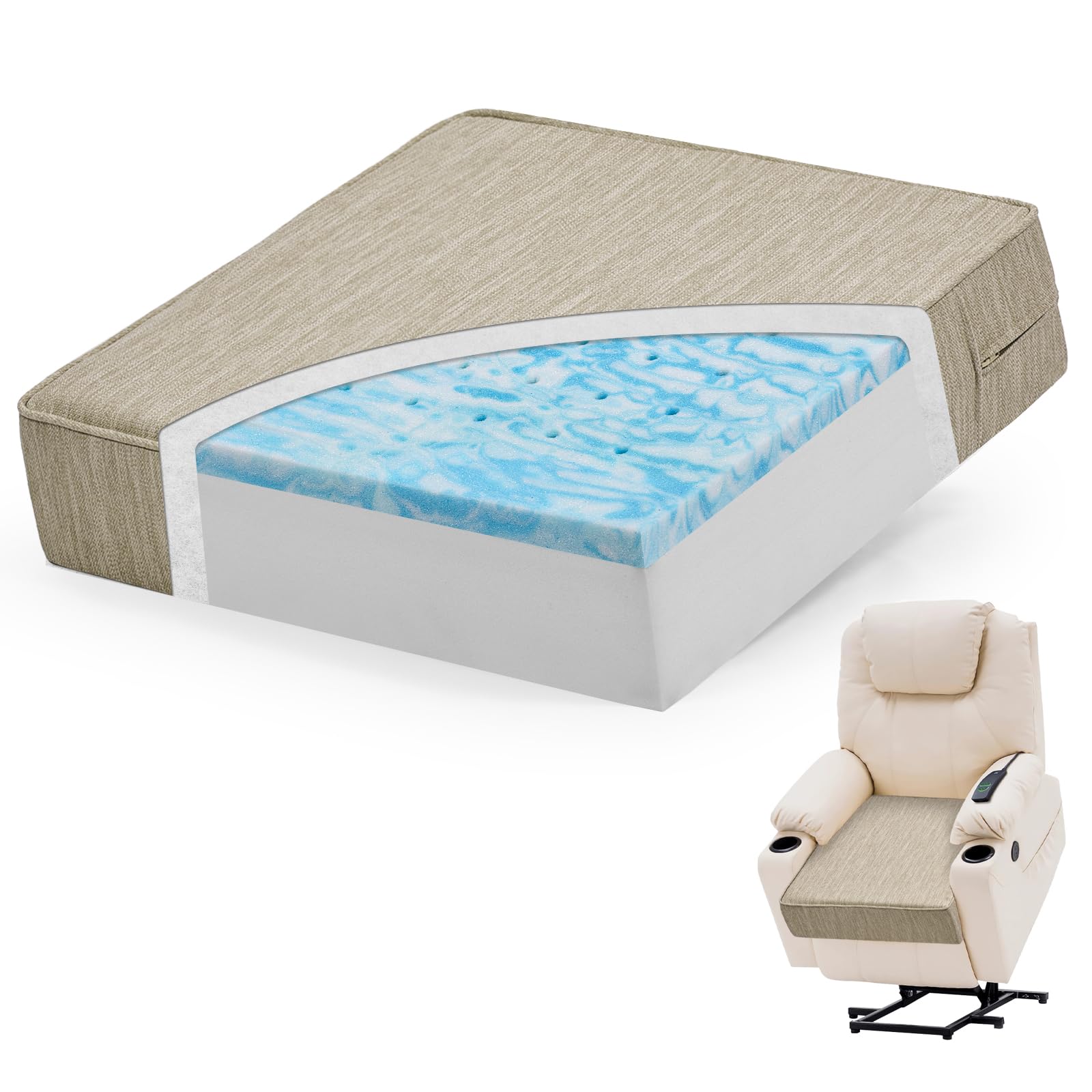 baibu Extra Large 20"x20"x5" Dual-Layer Memory Foam Chair Seat Cushion for Recliner, Couch, Armchair with Textured Washable Cover, Non-Slip Base for Tailbone Pain & Pressure Relief, Beige