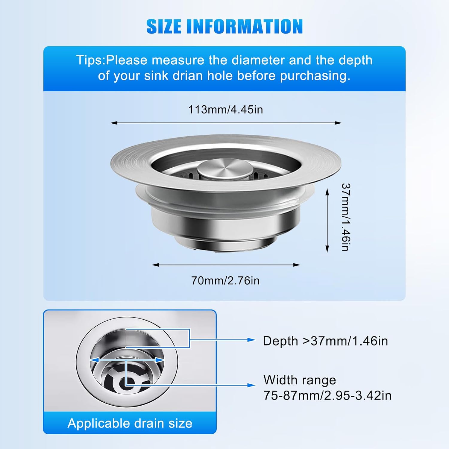 Kitchen Sink Drain Strainer 3-in-1,Pop-Up Stopper & Anti-Clogging Basket - 304 Stainless Steel Sink Strainer Anti-Clogging Sink Drain Strainer for US Standard Kitchen Drain