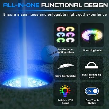 KINGTOP LED Golf Hole Light with Anti-Glare Lens - Battery Operated, Glow in The Dark Putting Cup Lights, Ideal for Night Golf, Backyard Practice Putting Green & Golf Parties
