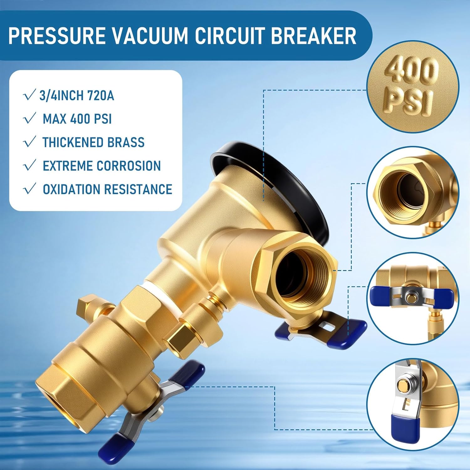 MorningRo 34-720A 3/4" 720A Brass Pressure Vacuum Breaker Assembly for Water Lines Valve Assembly Max 400 PSI Backflow Preventer Valve to Maintain Plumbing System Integrity (Blue)