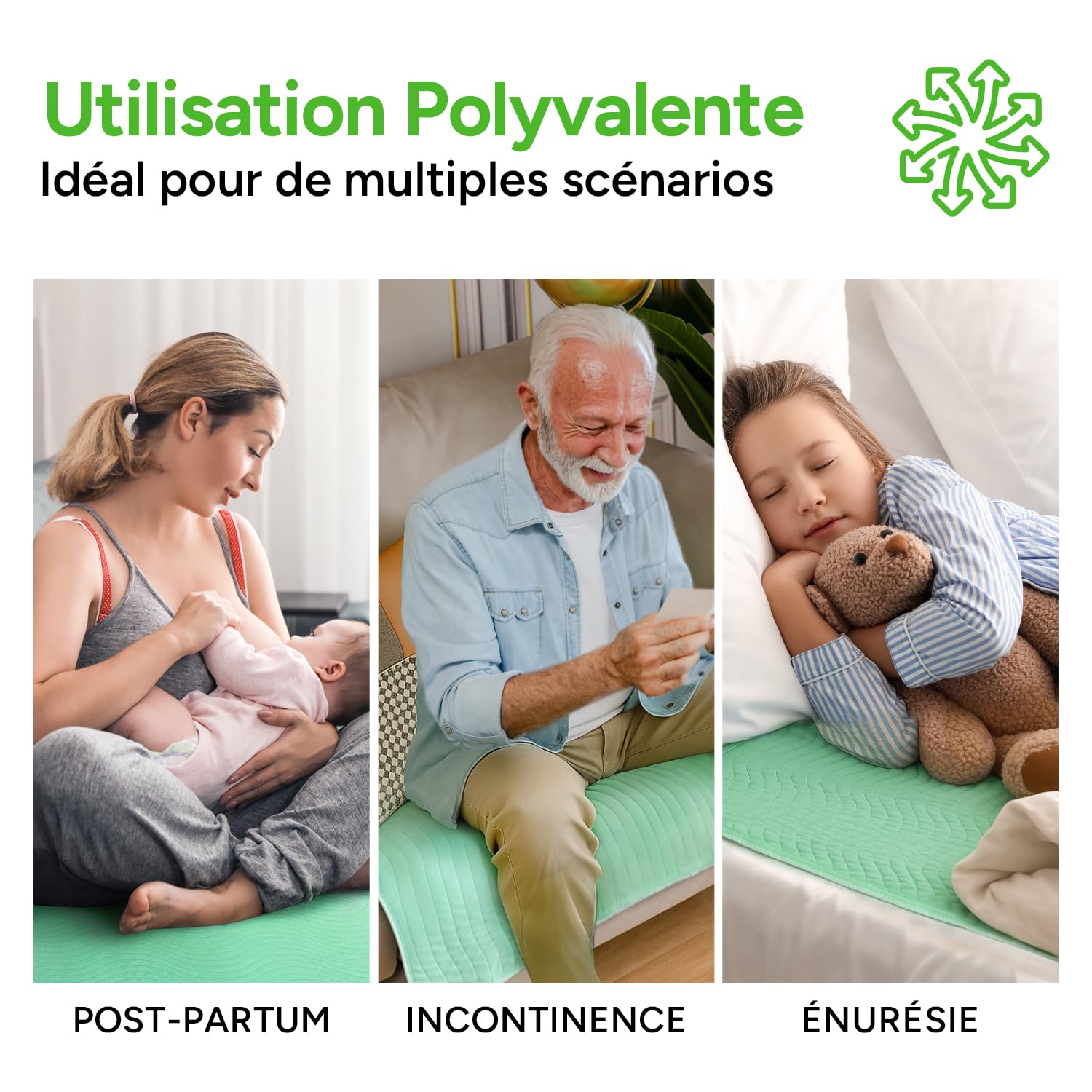 WhyWorry Protege Matelas Alèse Imperméable 86 x 91 cm, Couvre Matelas Absorbant pour Incontinence, Tapis de Lit Lavable en Machine, Protection Réutilisable pour Adulte & Bébé, Oeko-TEX, Vert, 4 Unités