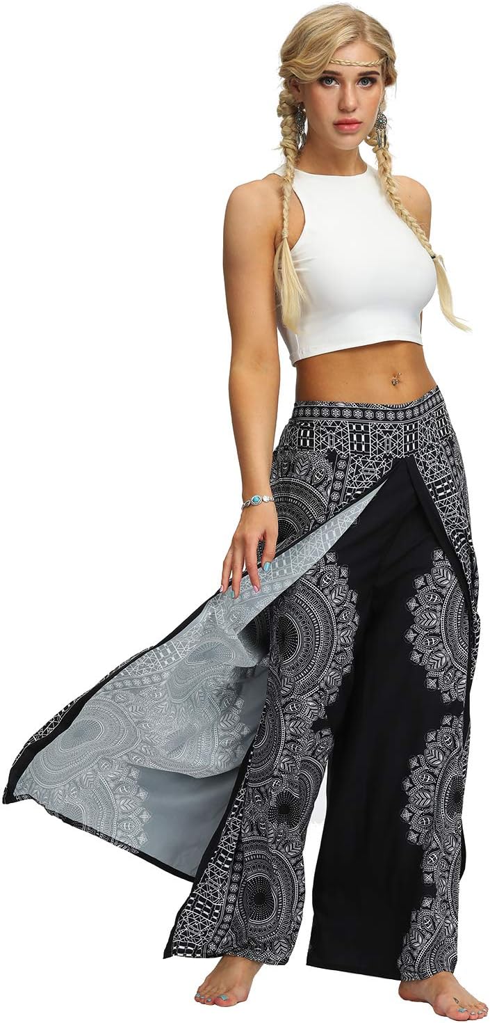 Plustrong Womens Slit Wide Leg Pants Casual Hippie Beach Boho Pilate Flowy Palazzo Yoga Pants - Image 4