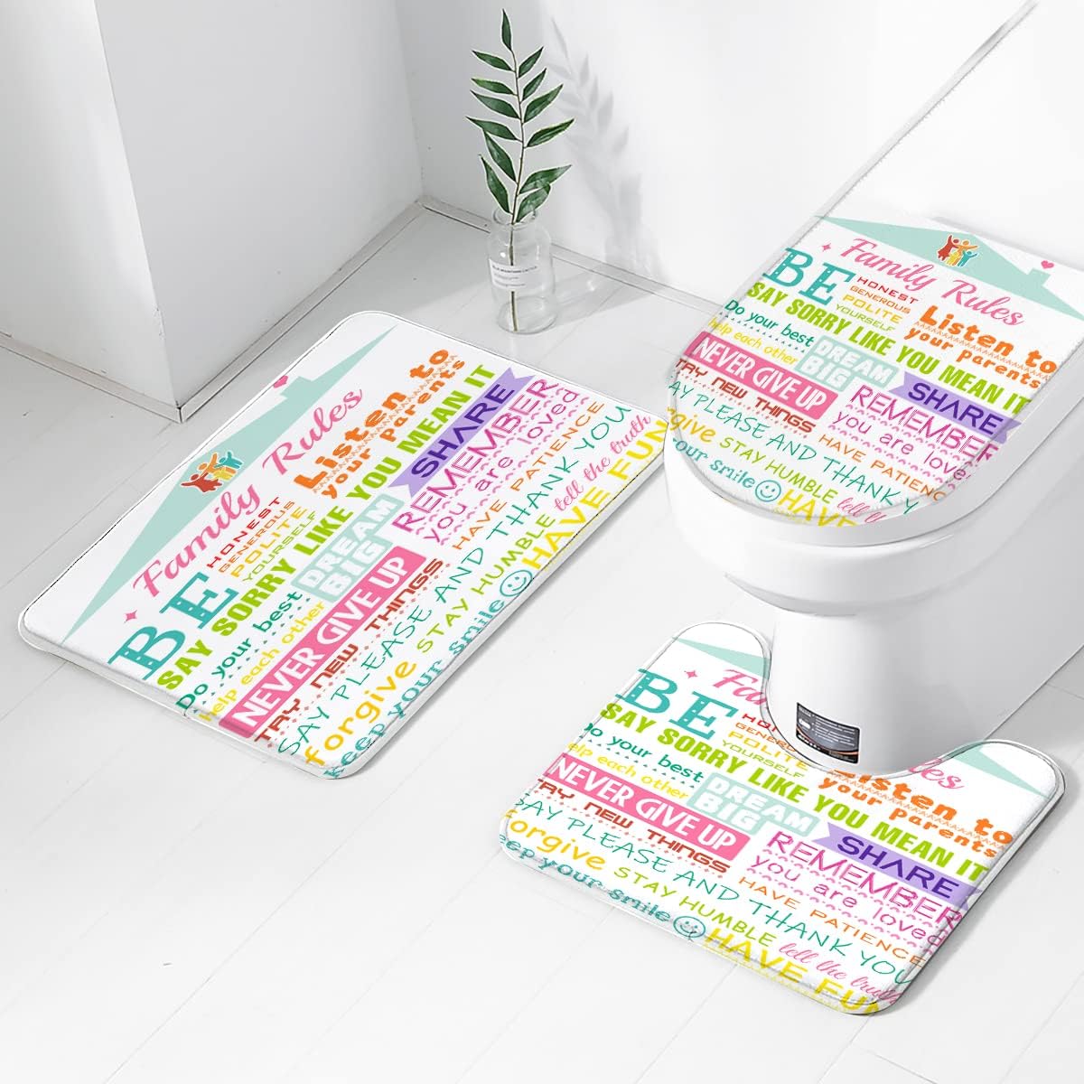 AAtter 4 Piece Kids Shower Curtain Set Girly Girls Boys Teen Toddler Inspirational 60Wx72L Inch Decor with Non-Slip Rugs, Toilet Lid Cover and Bath Mat Bathroom Accessories Home Bathtub Set, Colorful